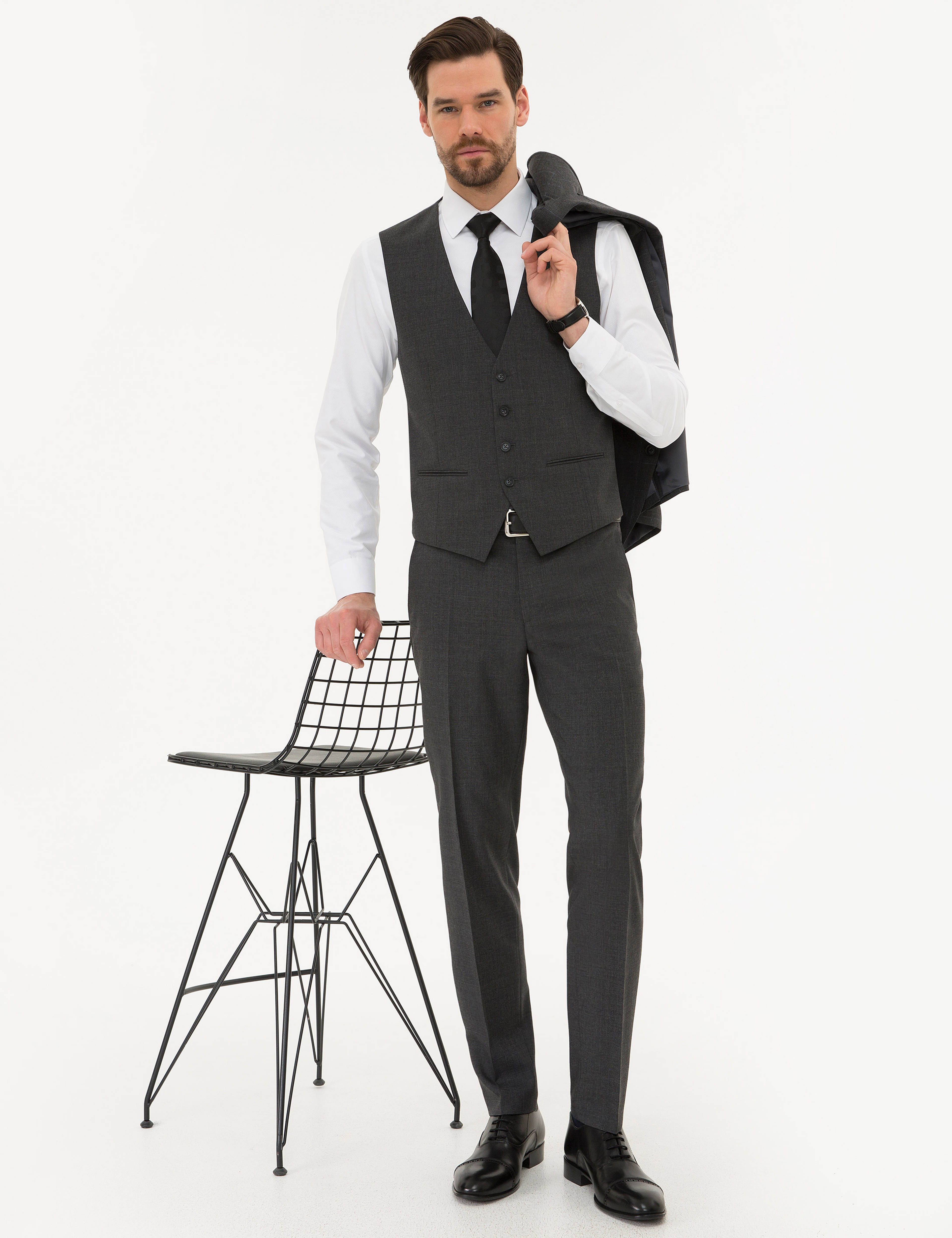 Ekose Füme Ekstra Slim Fit Yelekli Takım Elbise