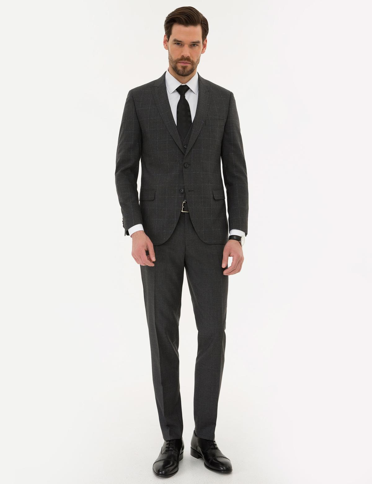 Ekose Füme Ekstra Slim Fit Yelekli Takım Elbise