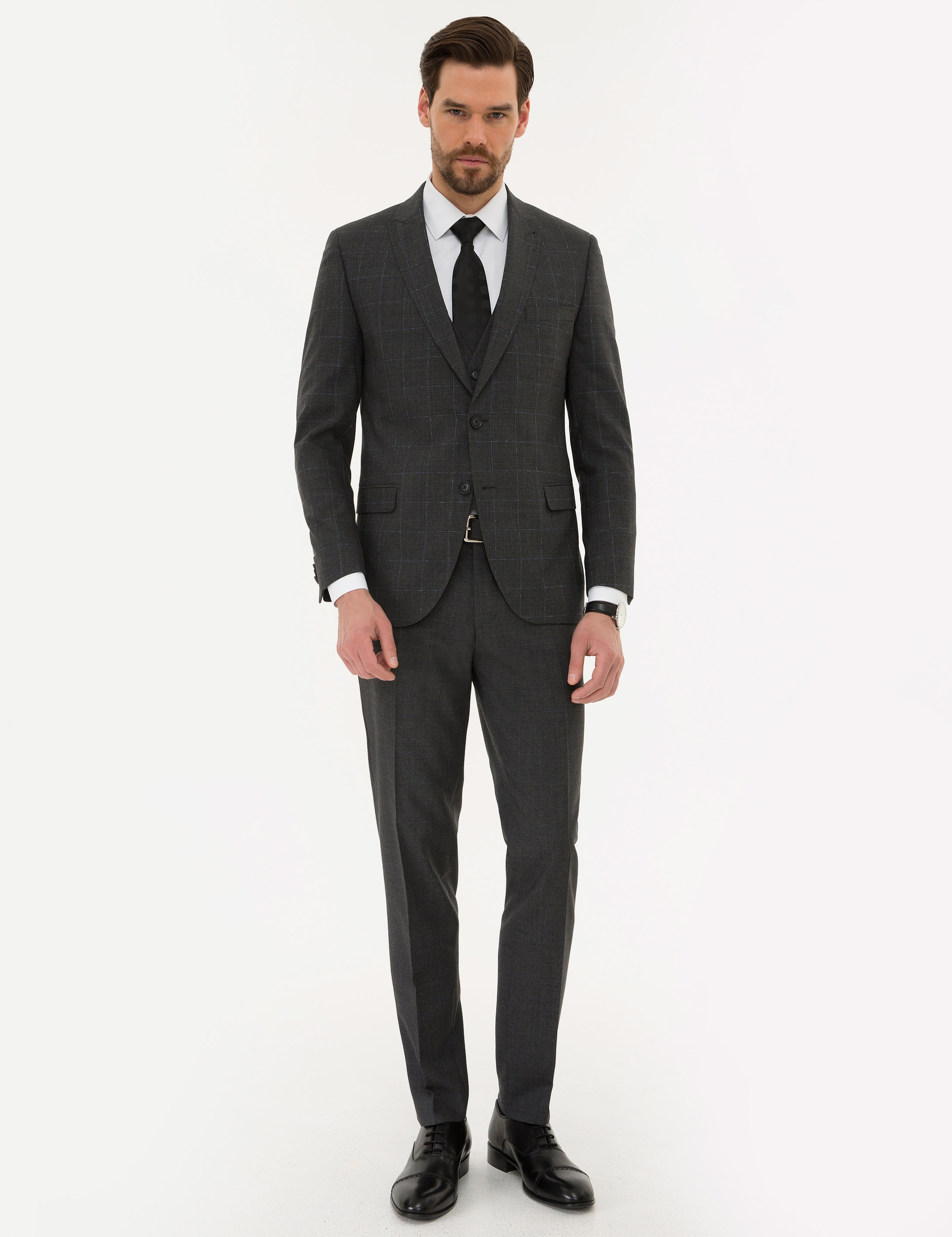 Ekose Füme Ekstra Slim Fit Yelekli Takım Elbise - Image 1