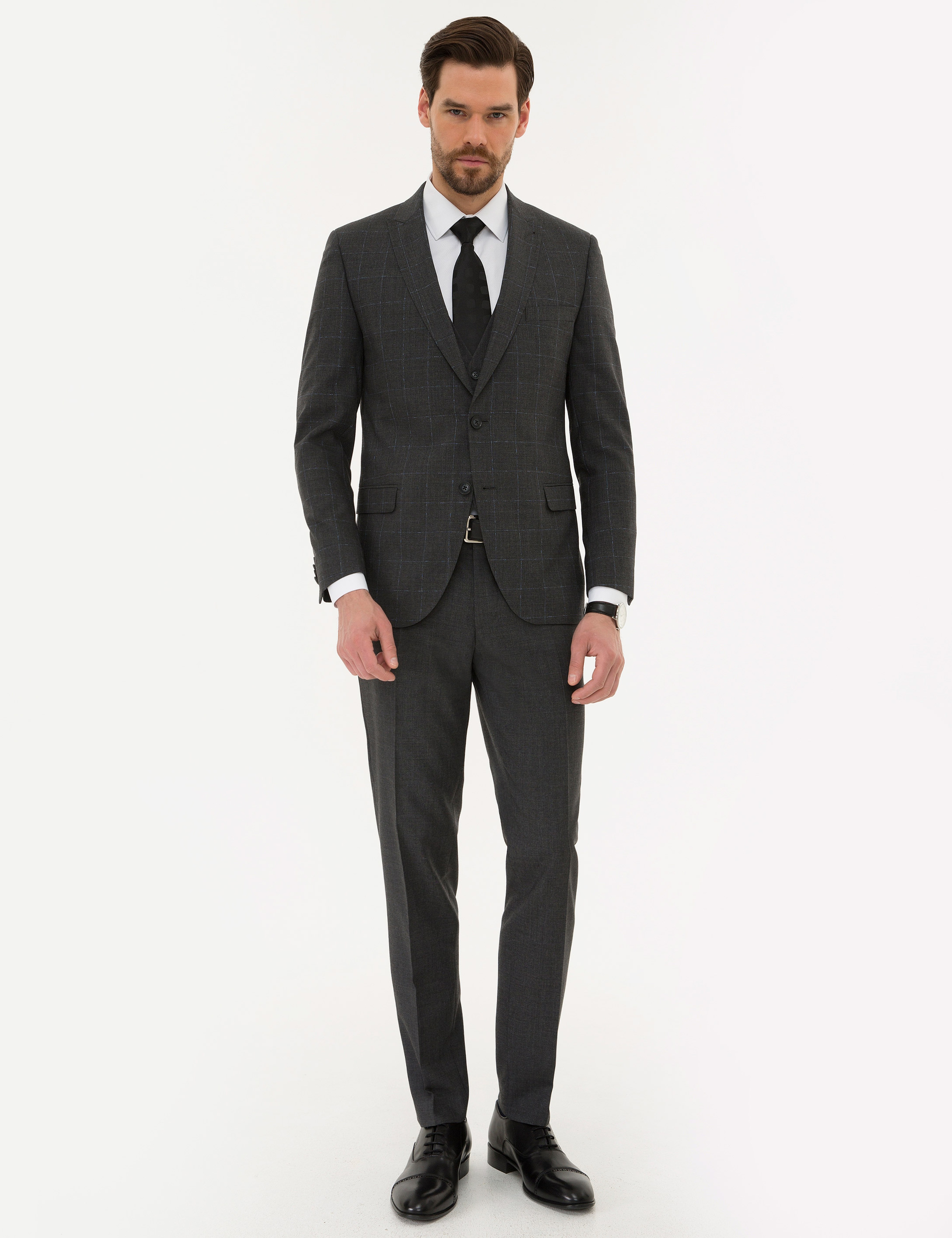 Ekose Füme Ekstra Slim Fit Yelekli Takım Elbise