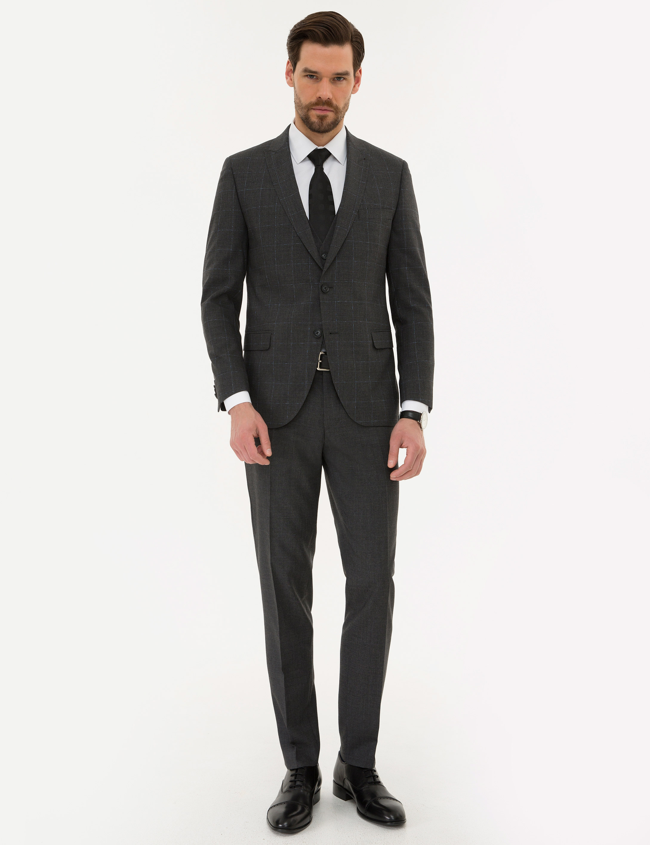 Ekose Füme Ekstra Slim Fit Yelekli Takım Elbise