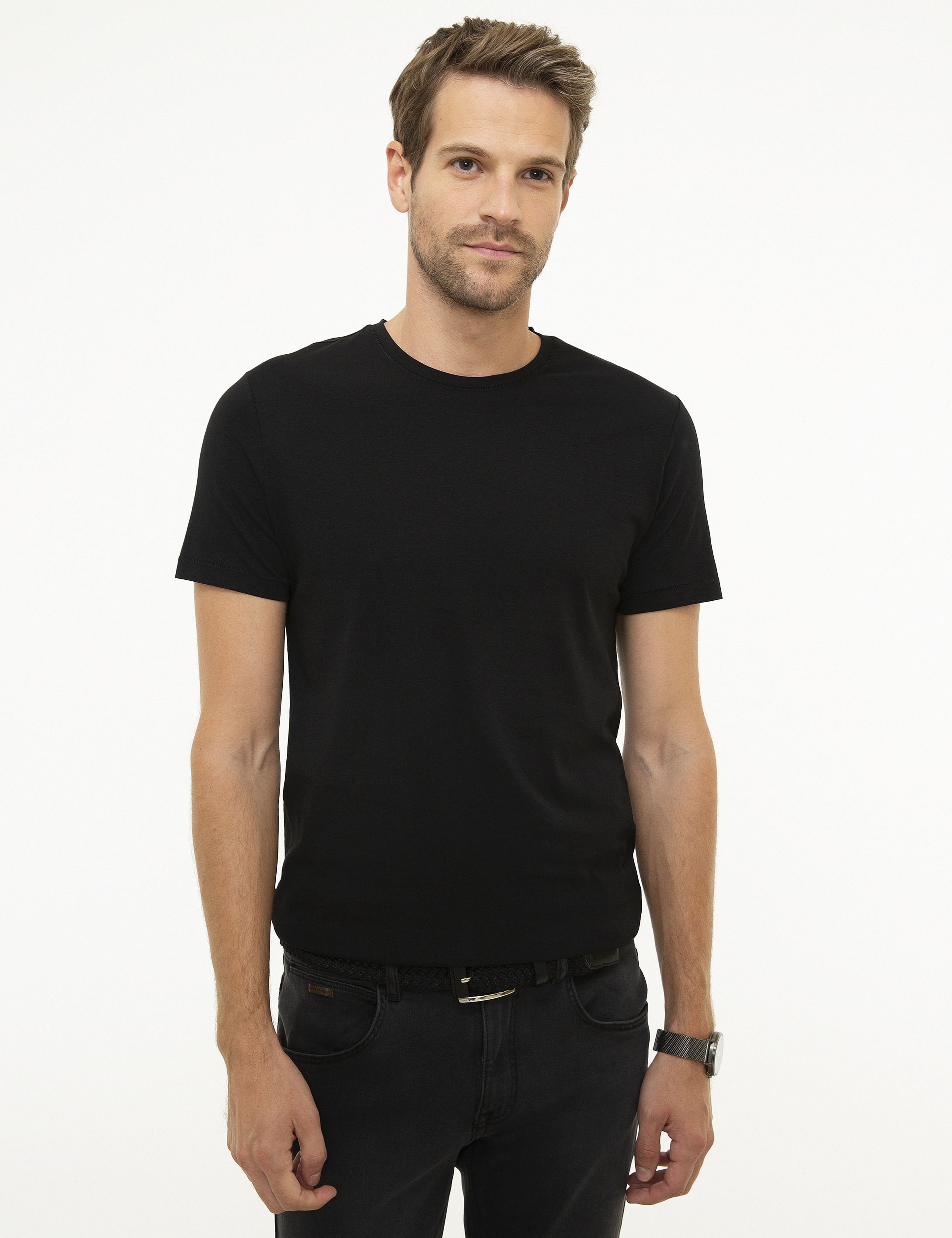 Siyah Slim Fit Bisiklet Yaka Basic Tişört - Image 1