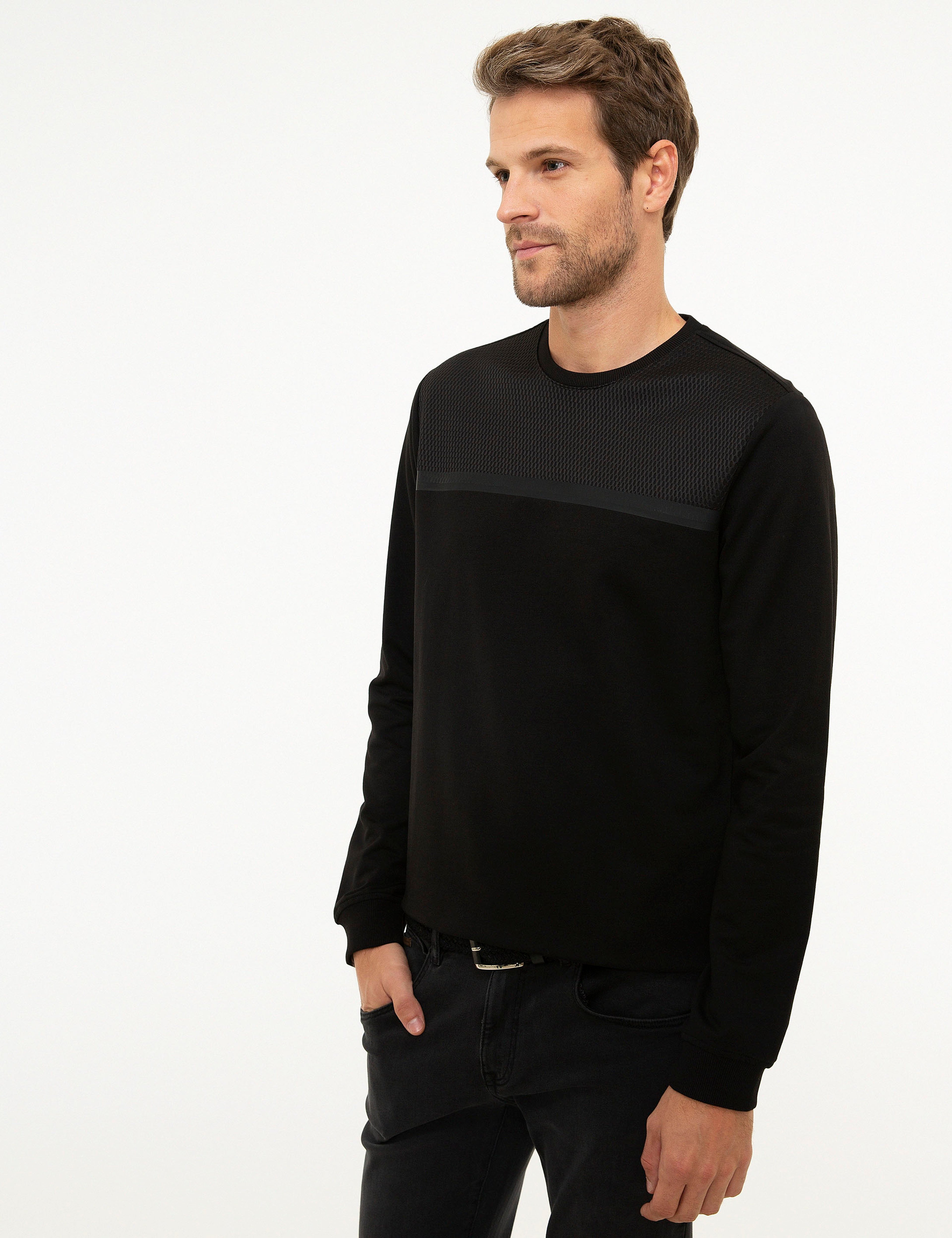 Siyah Standart Fit Bisiklet Yaka Sweatshirt