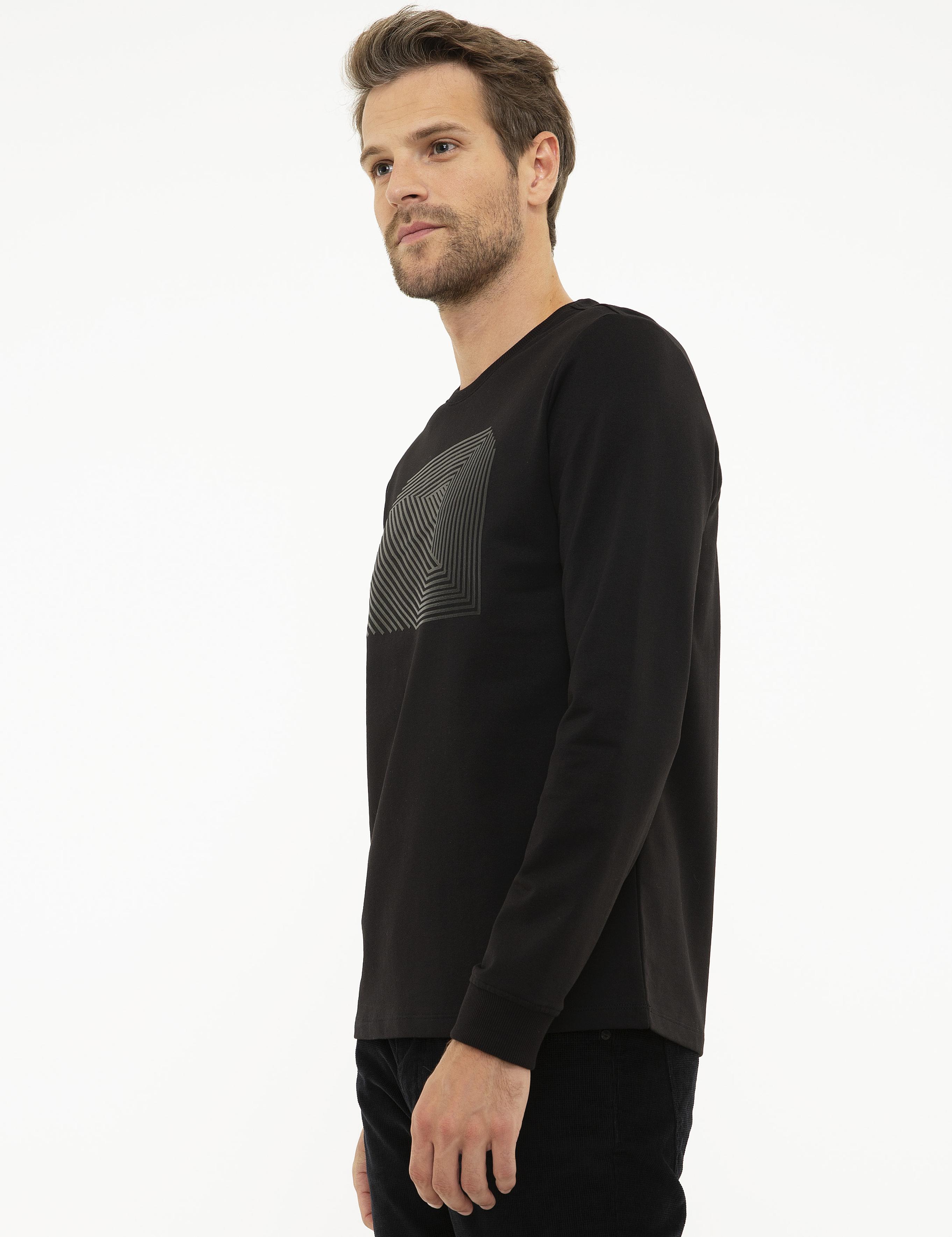 Siyah Standart Fit Bisiklet Yaka Sweatshirt