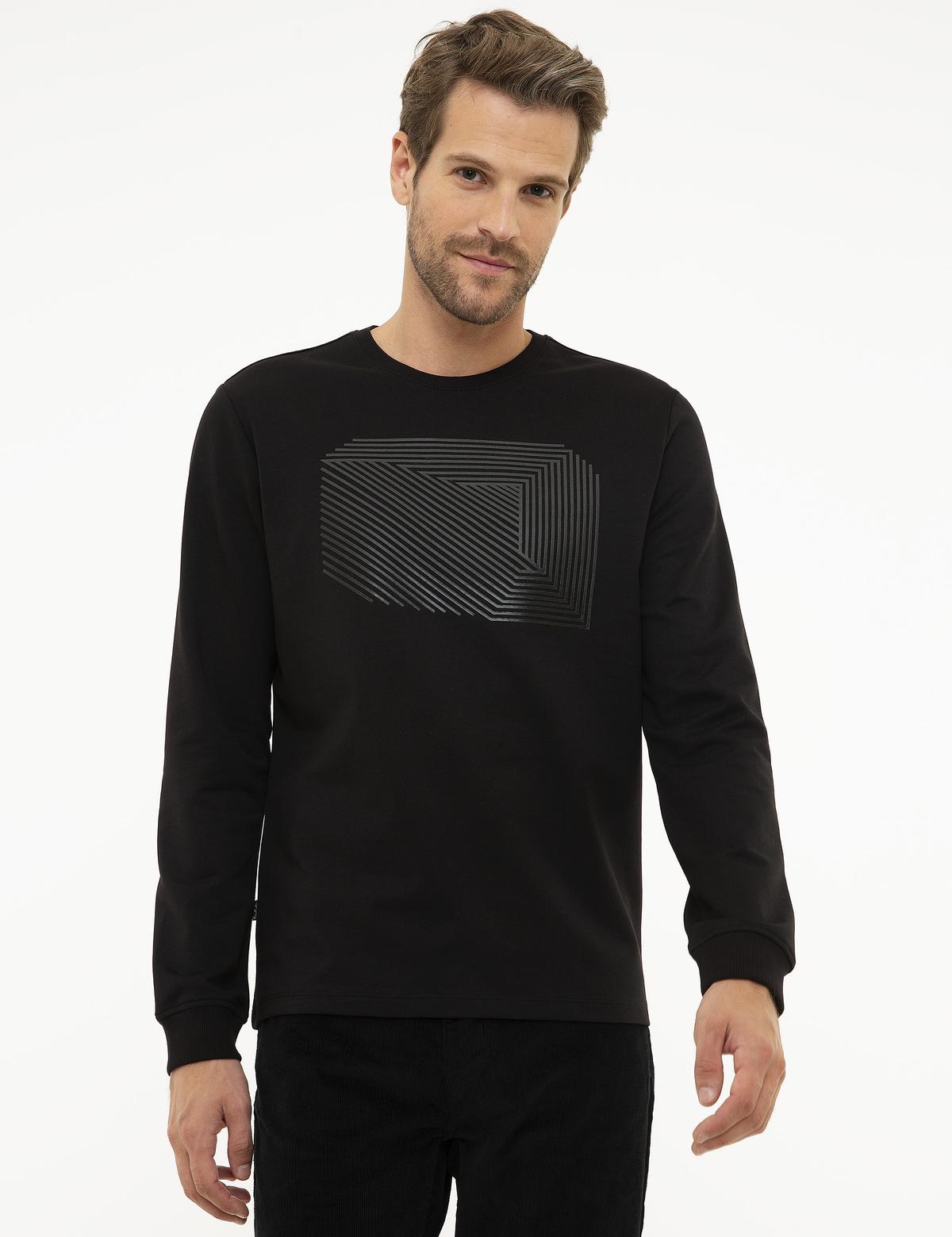 Siyah Standart Fit Bisiklet Yaka Sweatshirt