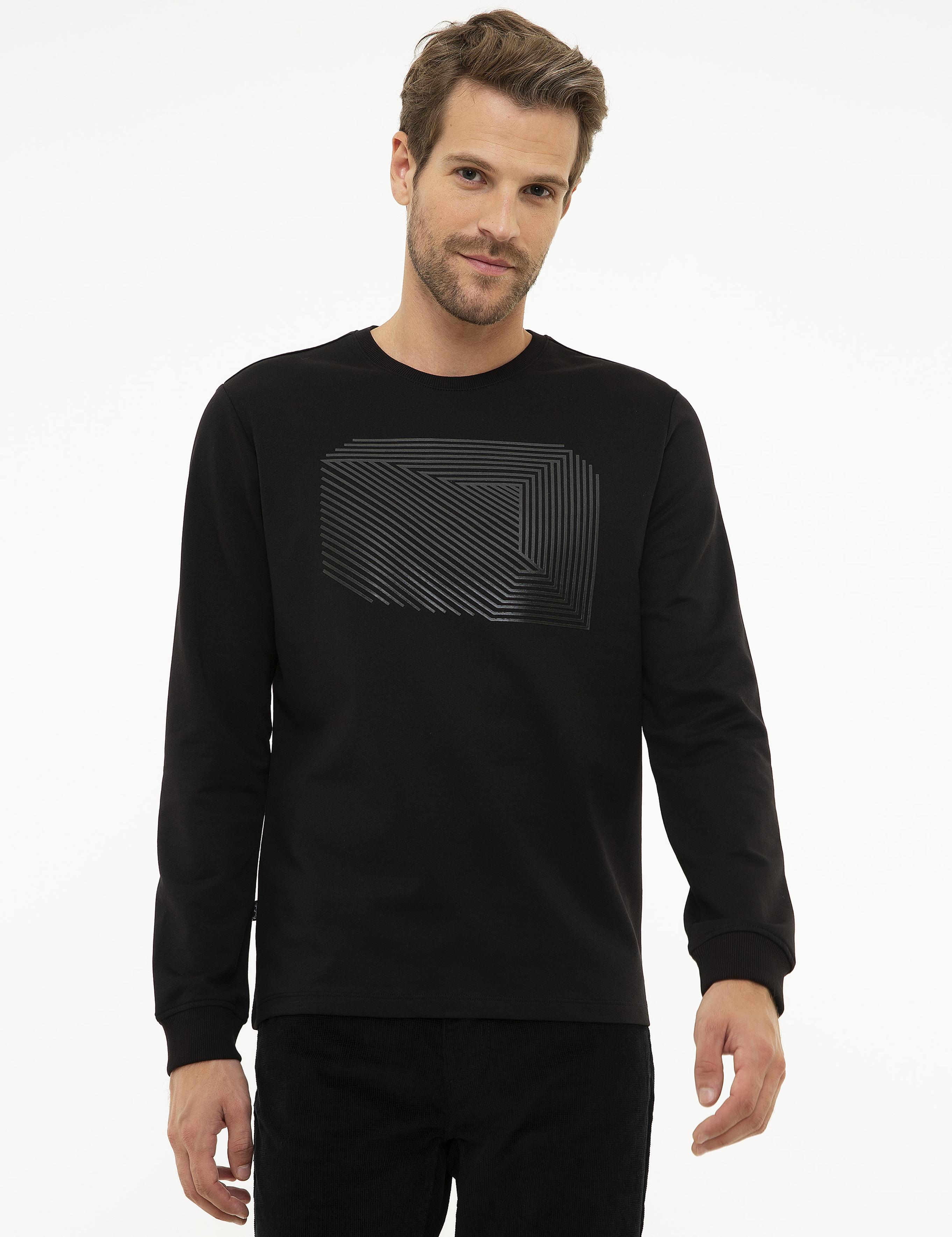 Siyah Standart Fit Bisiklet Yaka Sweatshirt