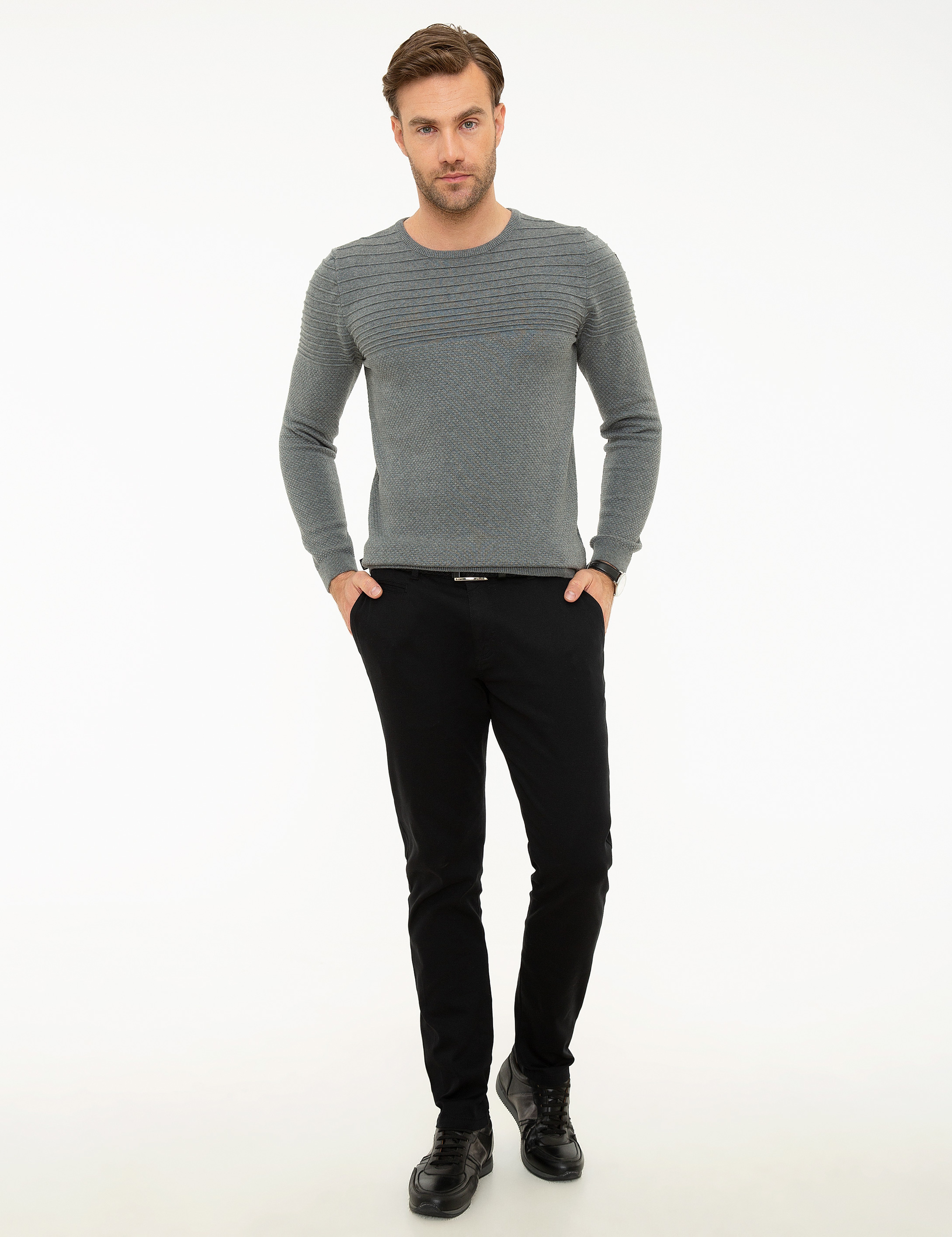 Gri Melanj Slim Fit Triko Kazak - Image 5