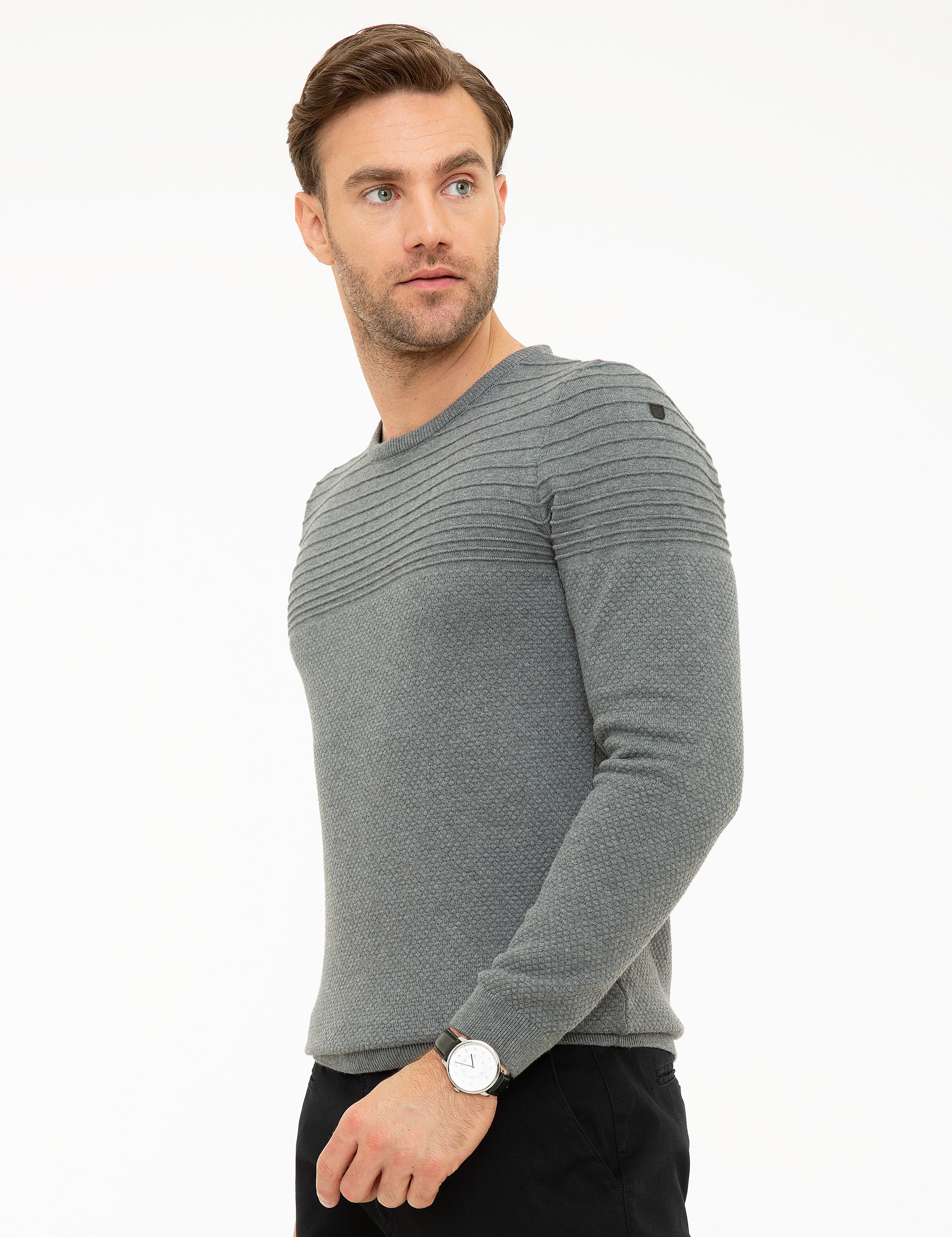 Gri Melanj Slim Fit Triko Kazak - Image 3