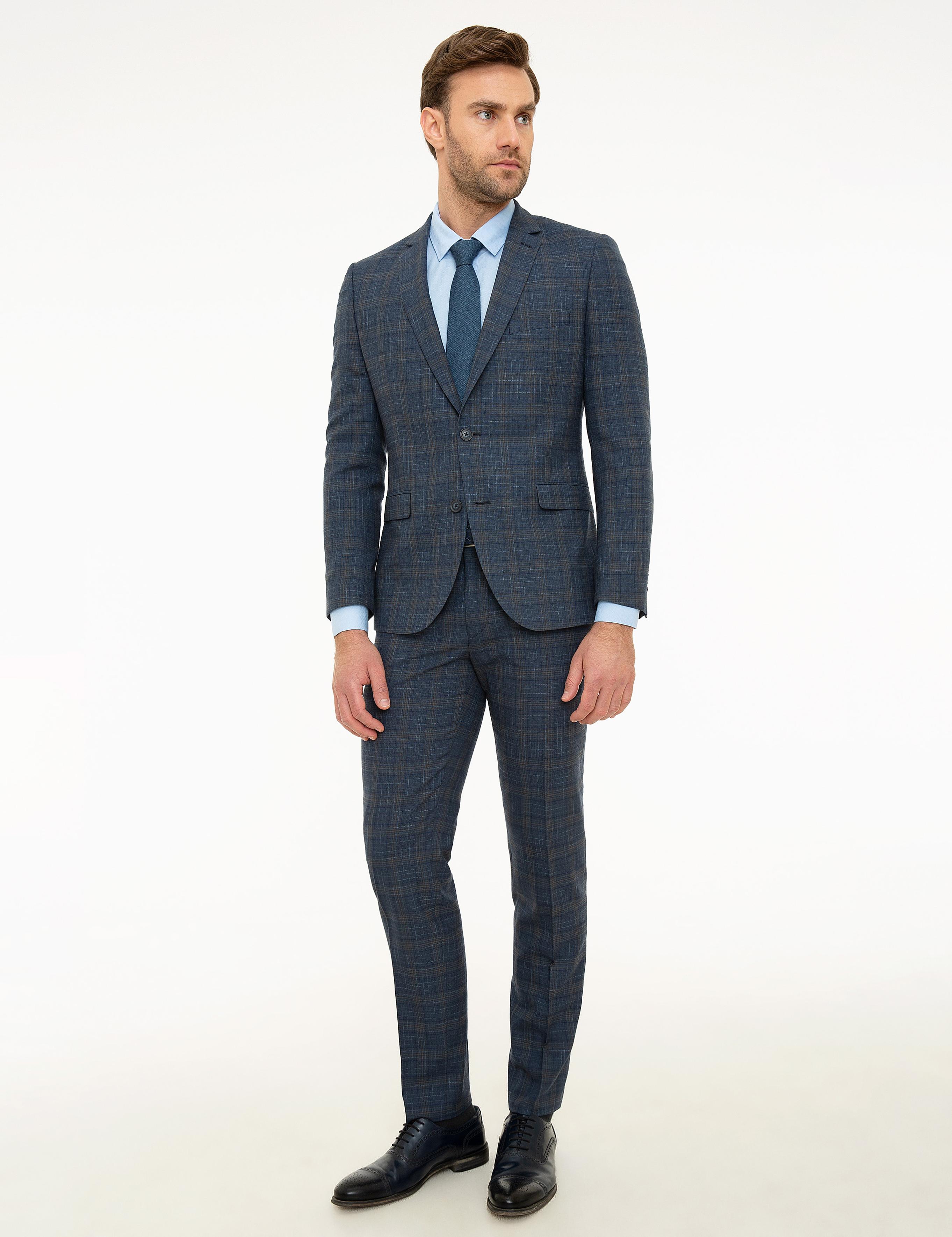 Ekose Lacivert Ekstra Slim Fit Takım Elbise