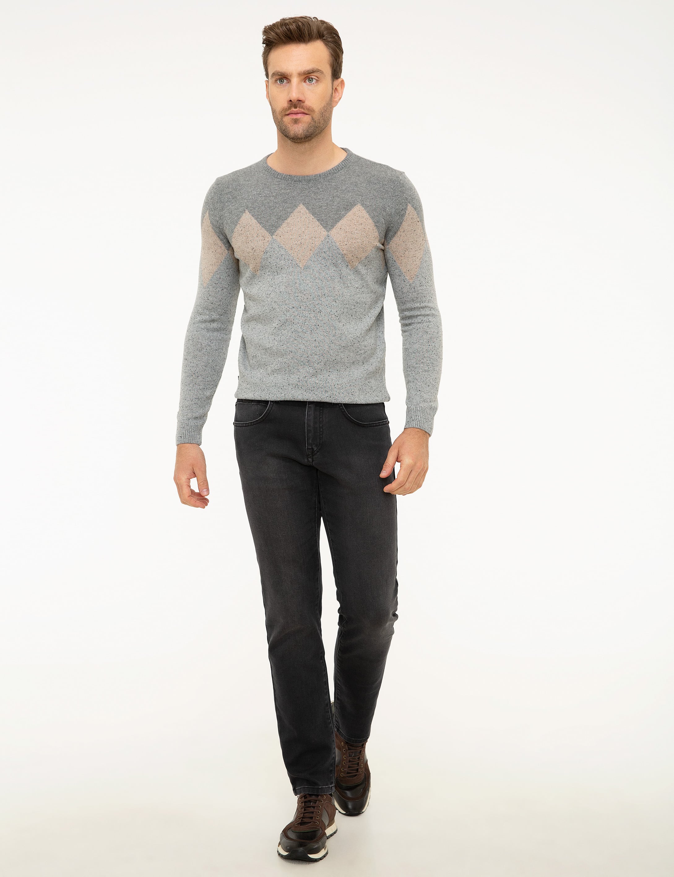 Açık Gri Slim Fit Bisiklet Yaka Yün Karışımlı Triko Kazak