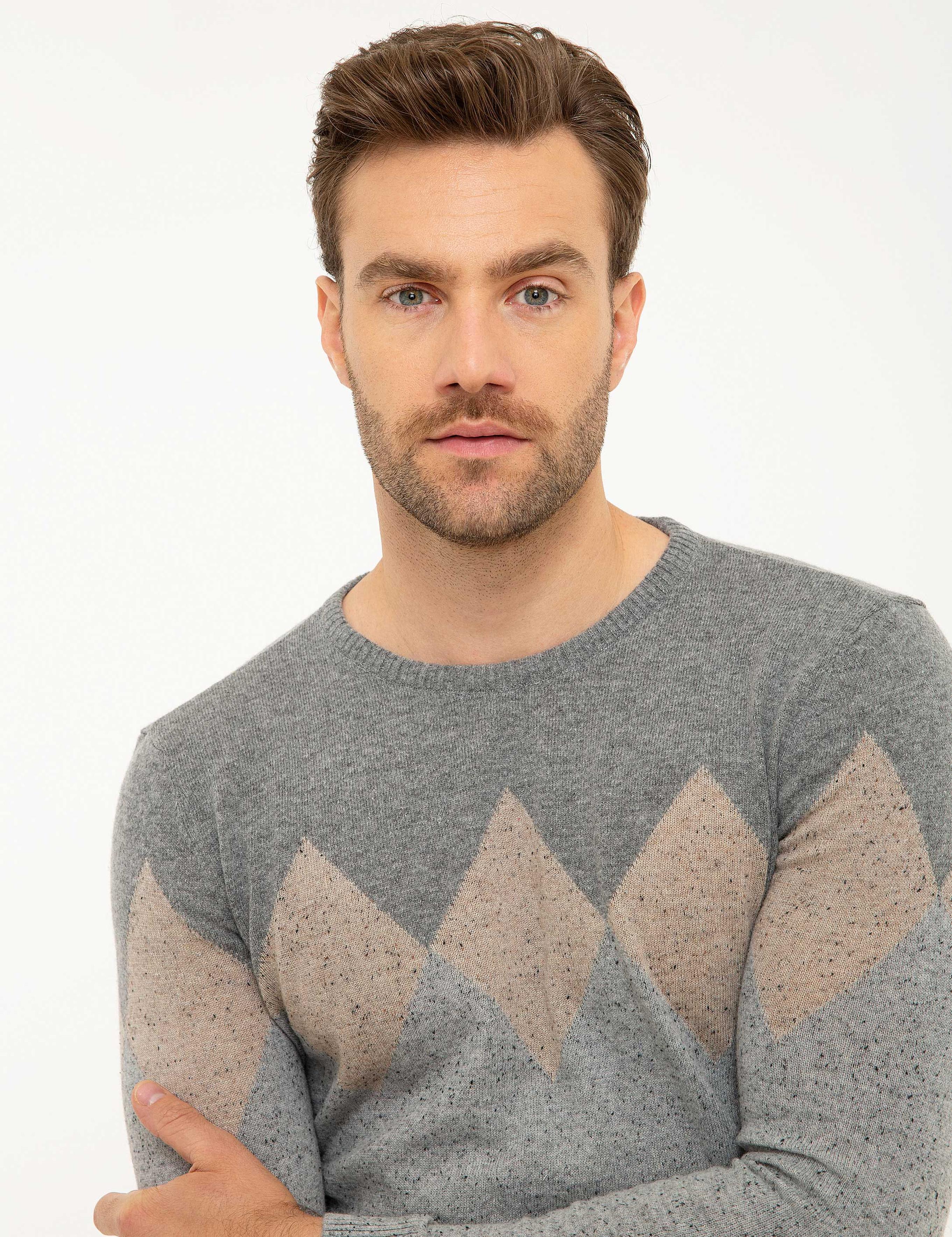 Açık Gri Slim Fit Bisiklet Yaka Yün Karışımlı Triko Kazak