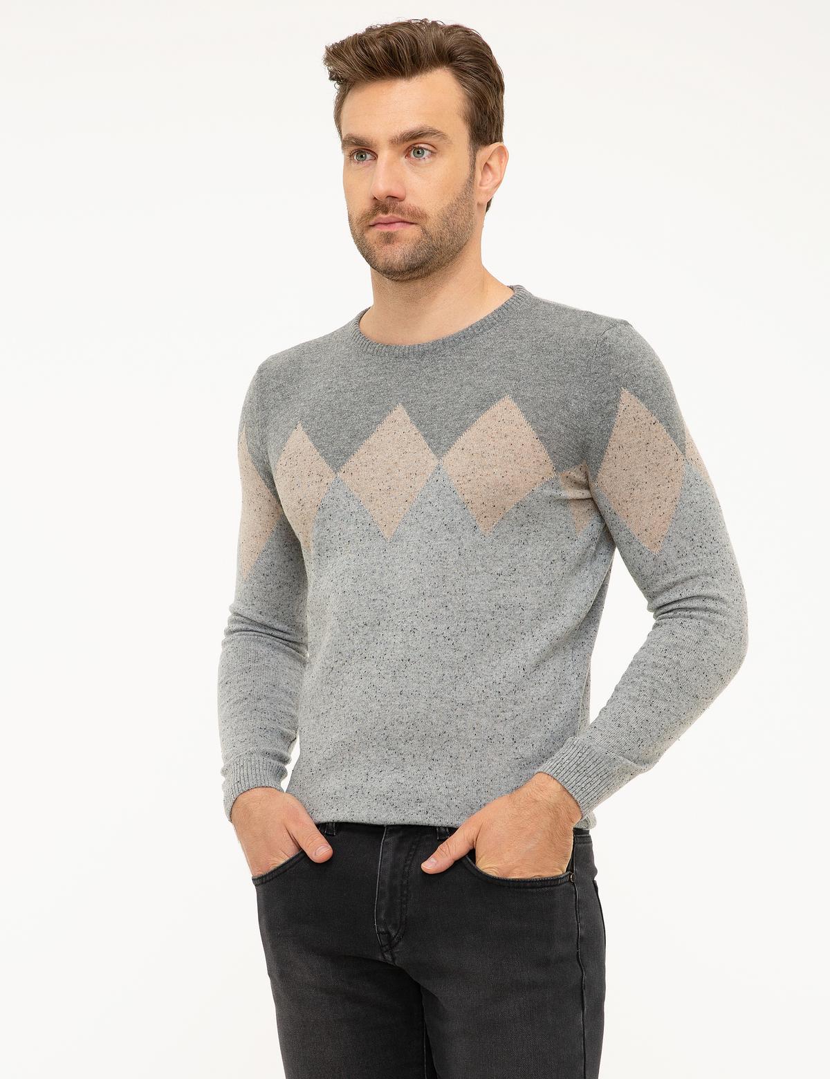 Açık Gri Slim Fit Bisiklet Yaka Yün Karışımlı Triko Kazak - 50216138028