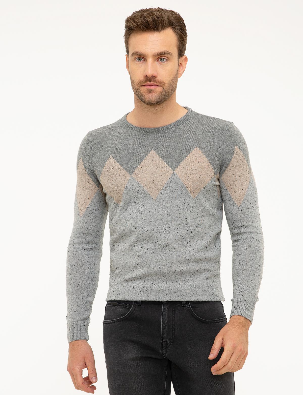 Açık Gri Slim Fit Bisiklet Yaka Yün Karışımlı Triko Kazak