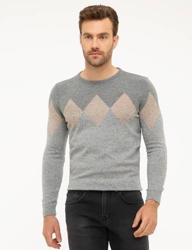 Açık Gri Slim Fit Bisiklet Yaka Yün Karışımlı Triko Kazak
