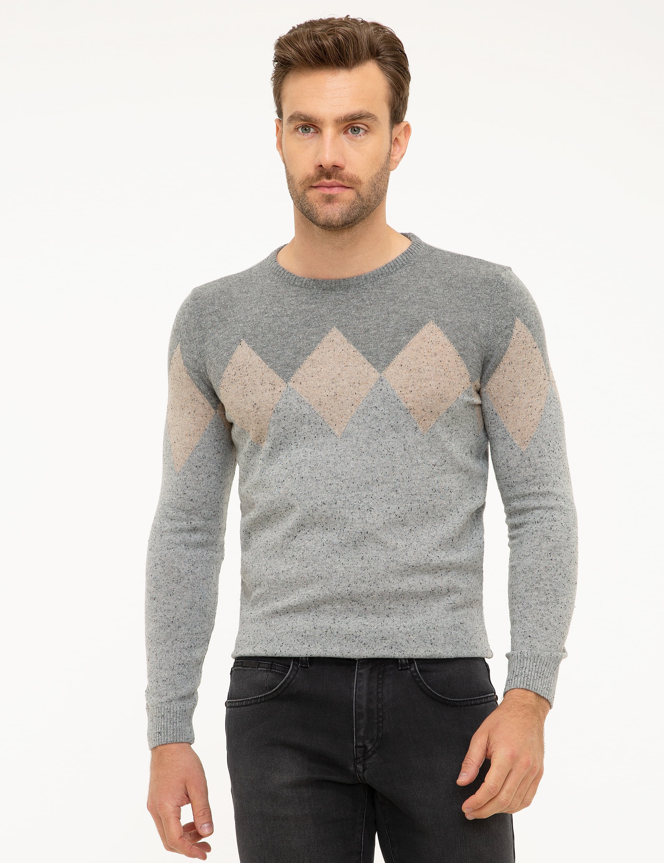 Açık Gri Slim Fit Bisiklet Yaka Yün Karışımlı Triko Kazak - Image 1