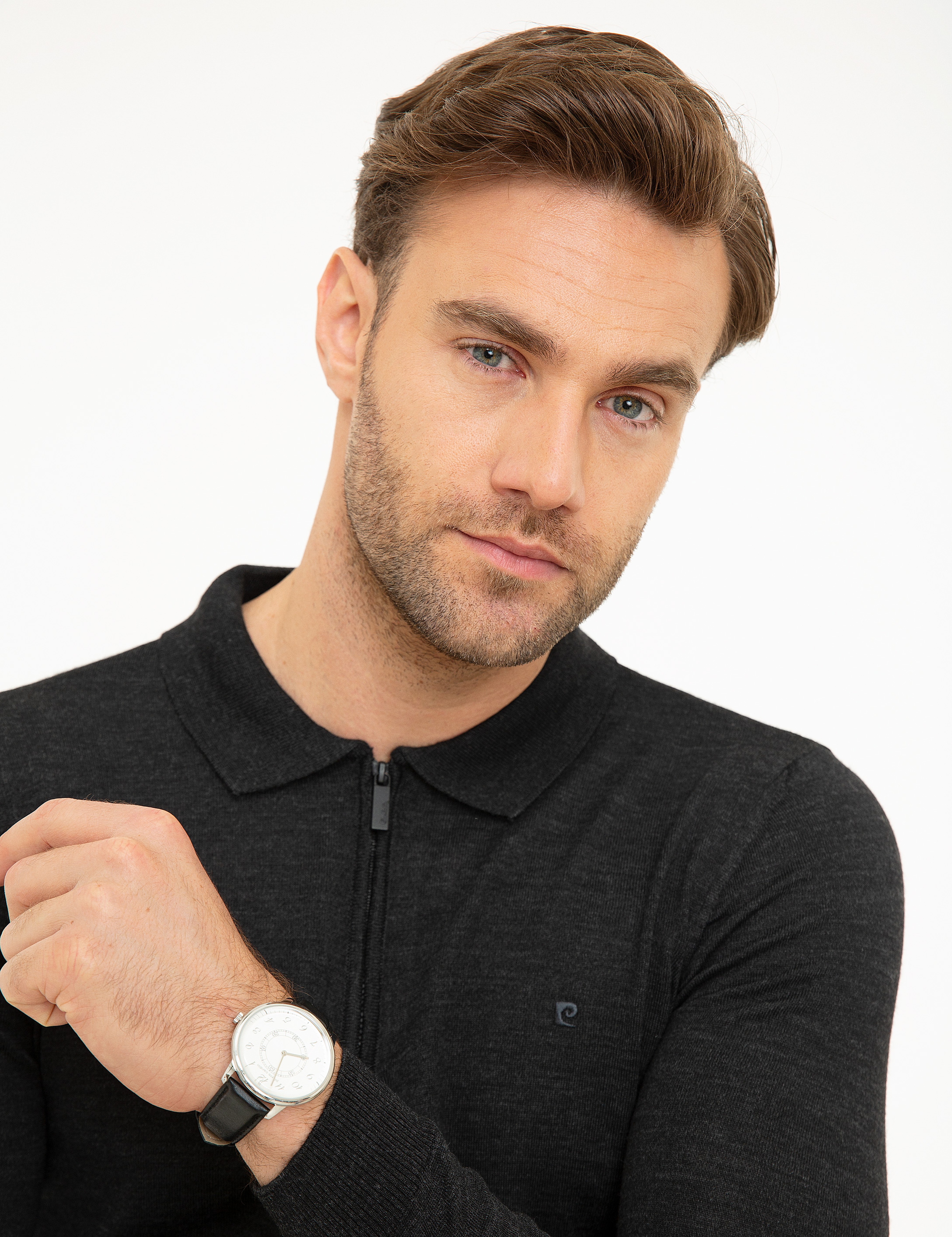 Antrasit Melanj Slim Fit Polo Yaka Yün Karışımlı Basic Triko Kazak - Image 1