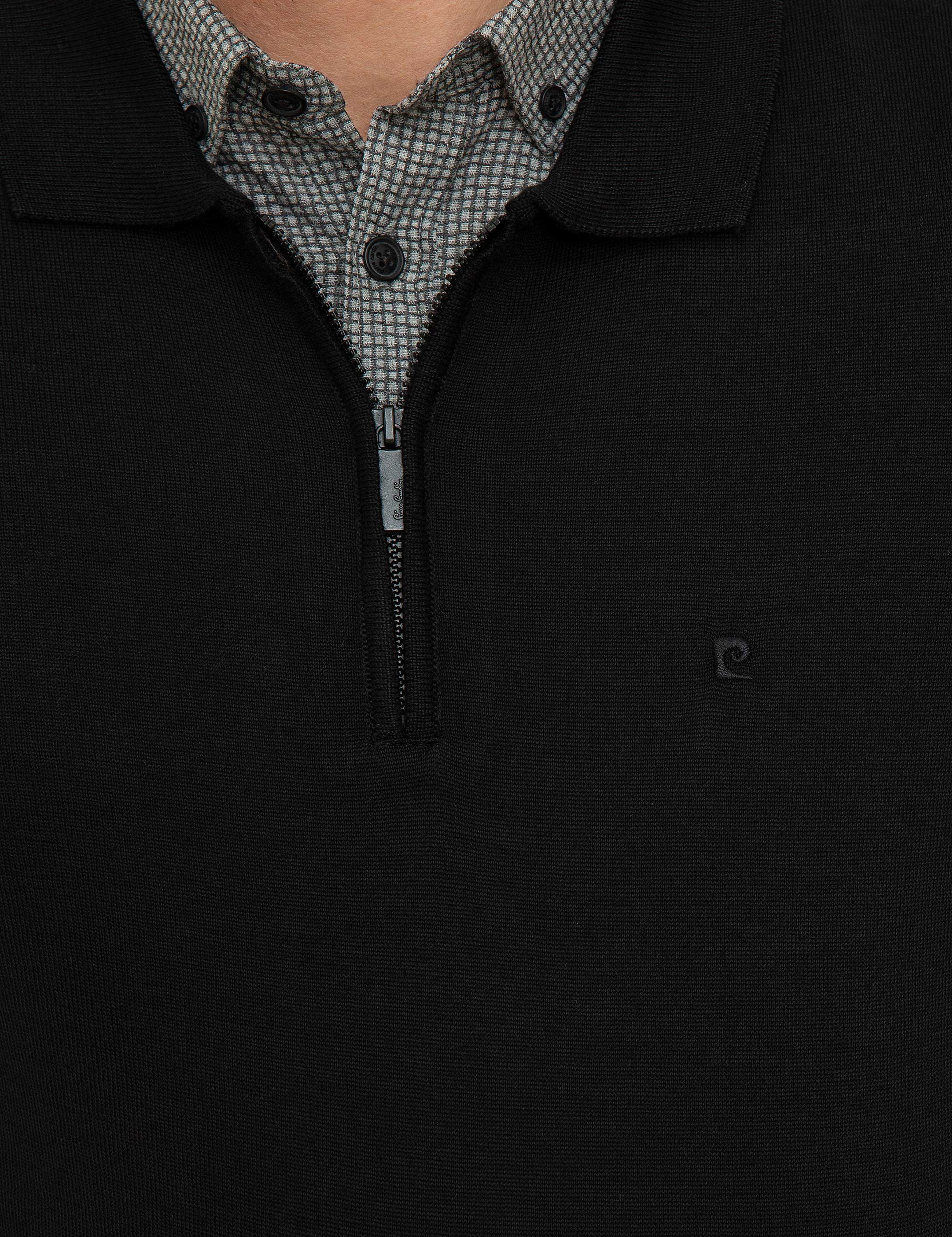 Siyah Slim Fit Polo Yaka Basic Triko Kazak - Image 5
