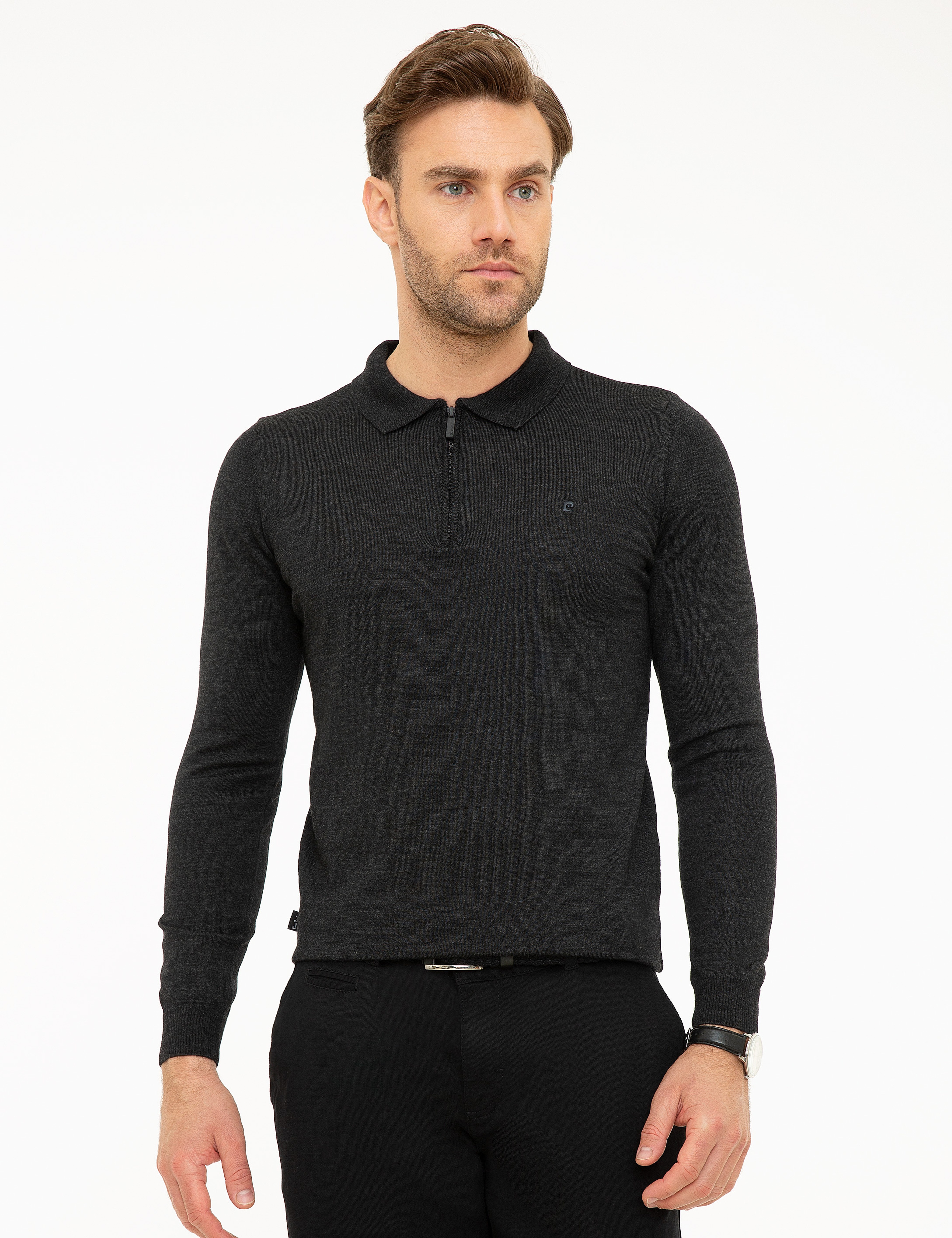 Antrasit Melanj Slim Fit Polo Yaka Yün Karışımlı Basic Triko Kazak