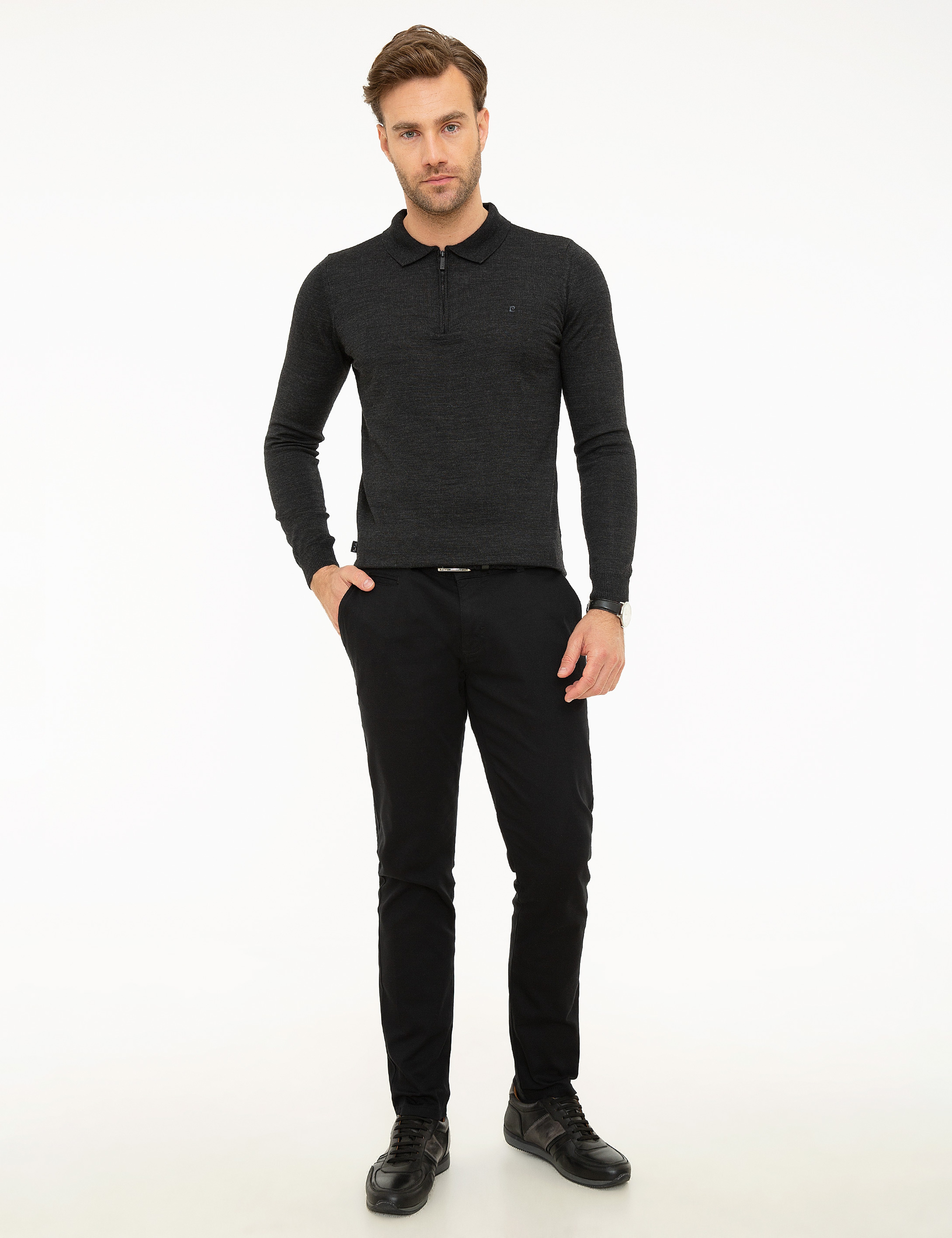 Antrasit Melanj Slim Fit Polo Yaka Yün Karışımlı Basic Triko Kazak - Image 5