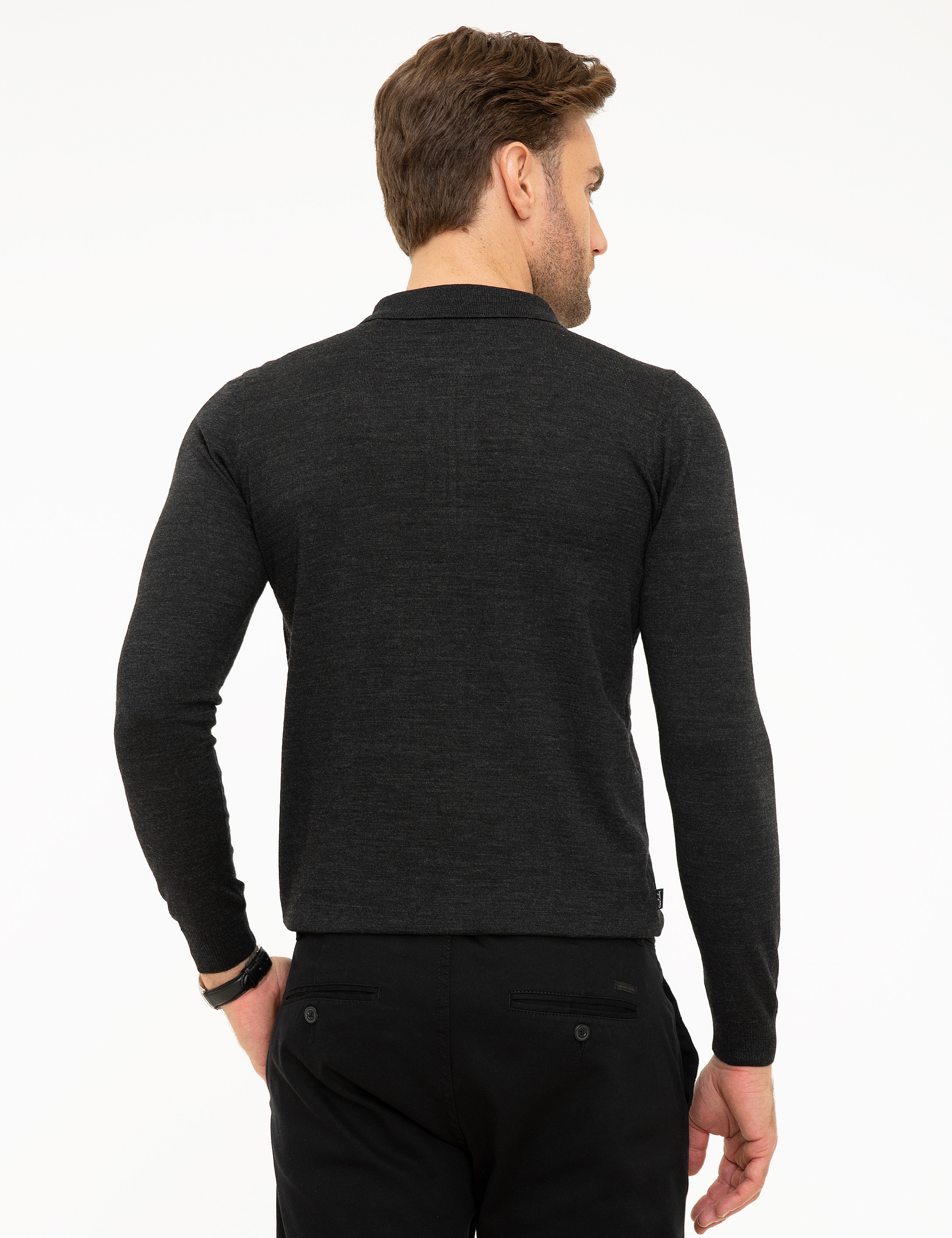 Antrasit Melanj Slim Fit Polo Yaka Yün Karışımlı Basic Triko Kazak - Image 4