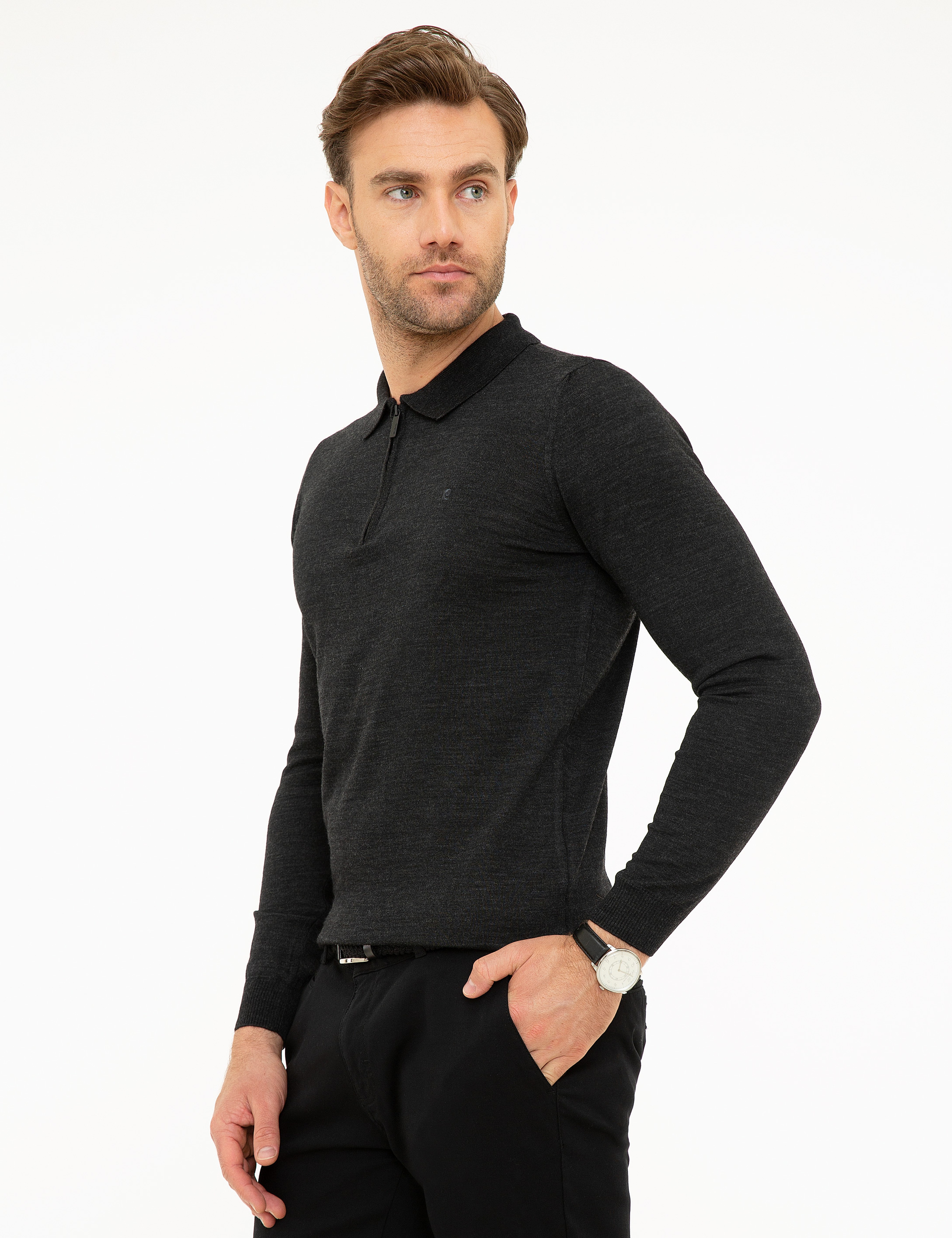 Antrasit Melanj Slim Fit Polo Yaka Yün Karışımlı Basic Triko Kazak