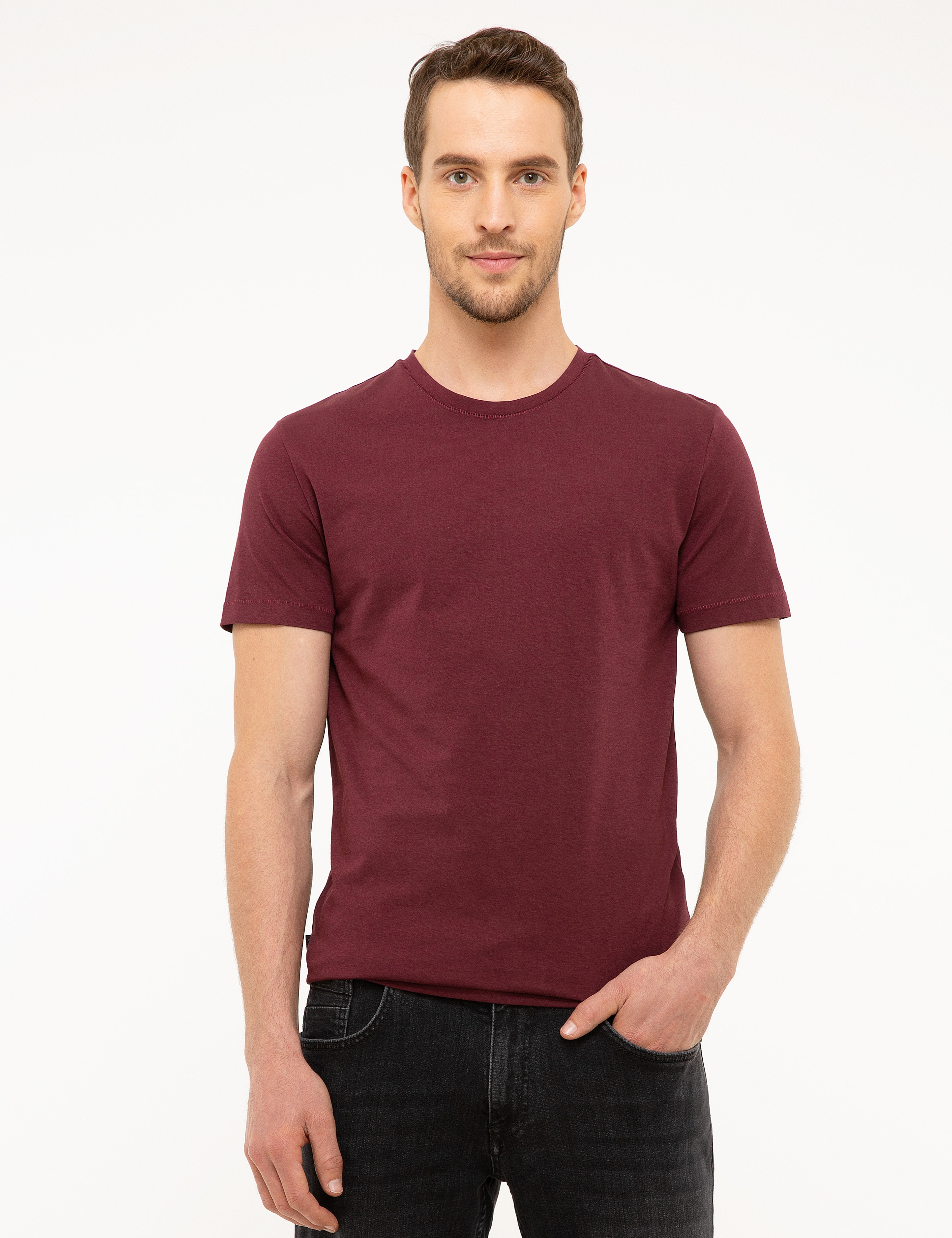 Bordo Slim Fit Bisiklet Yaka Basic Tişört - Image 2