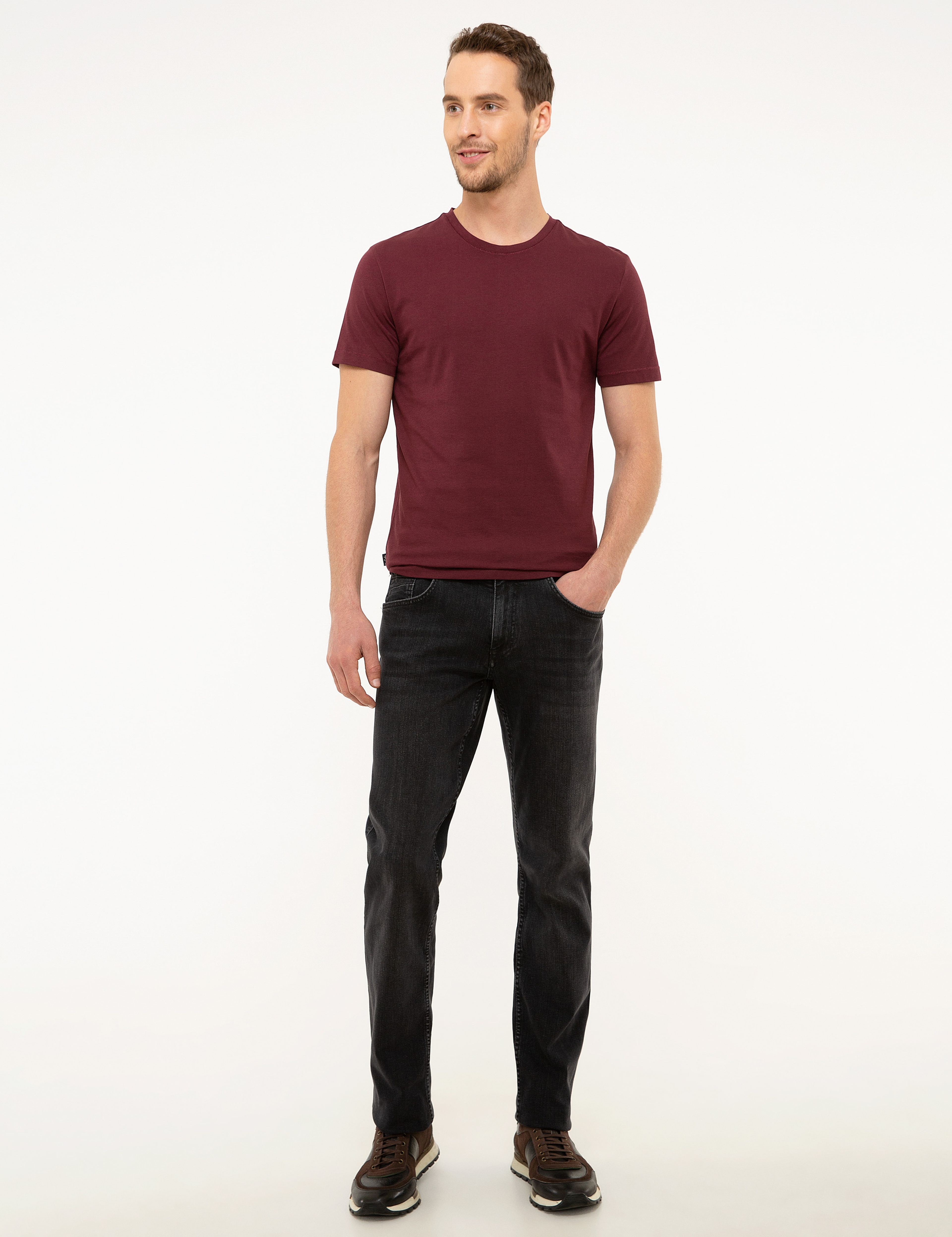 Bordo Slim Fit Bisiklet Yaka Basic Tişört - Image 4