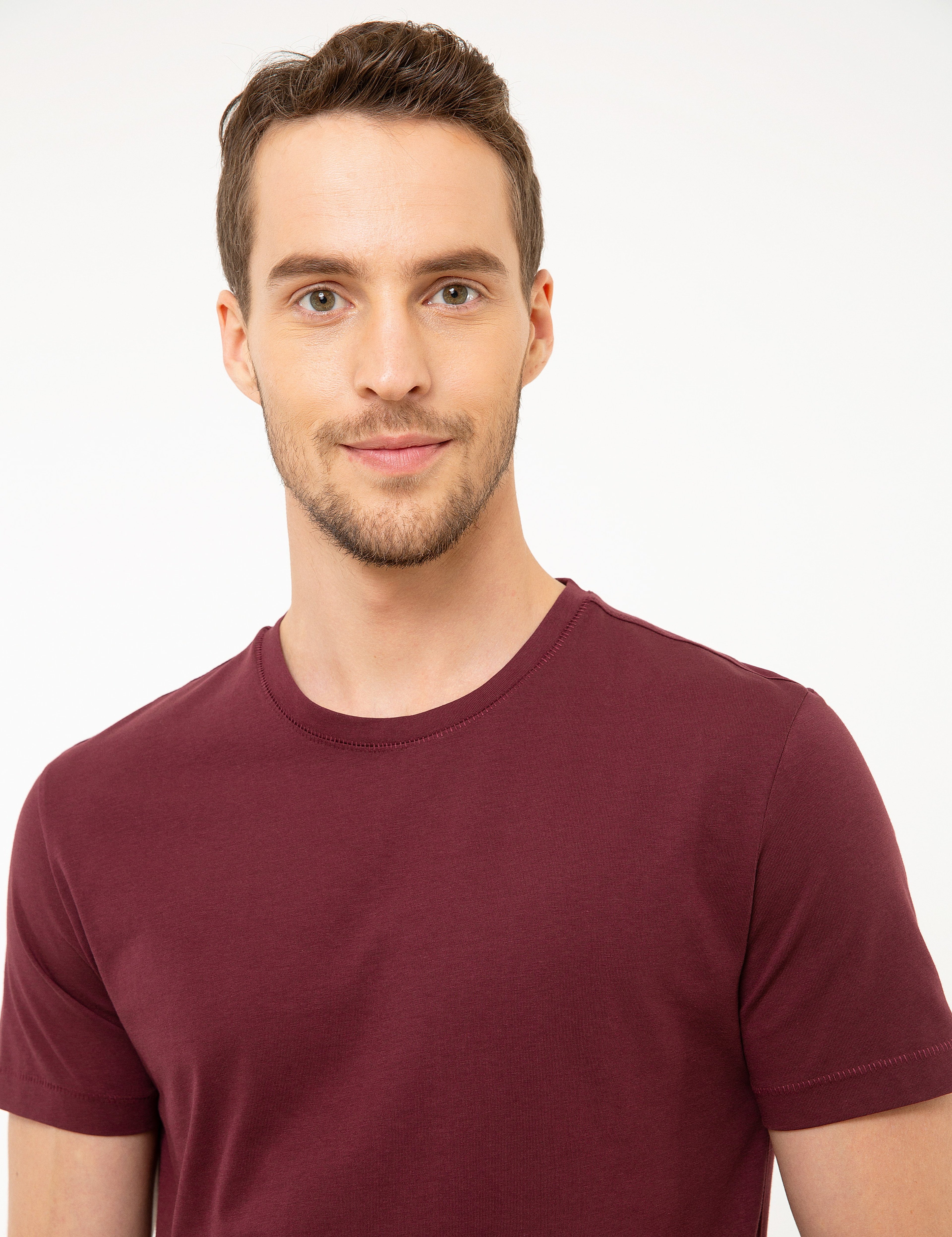Bordo Slim Fit Bisiklet Yaka Basic Tişört - Image 1