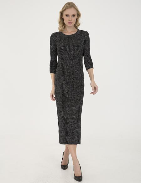 Siyah Slim Fit Bisiklet Yaka Triko Elbise - 50216255013