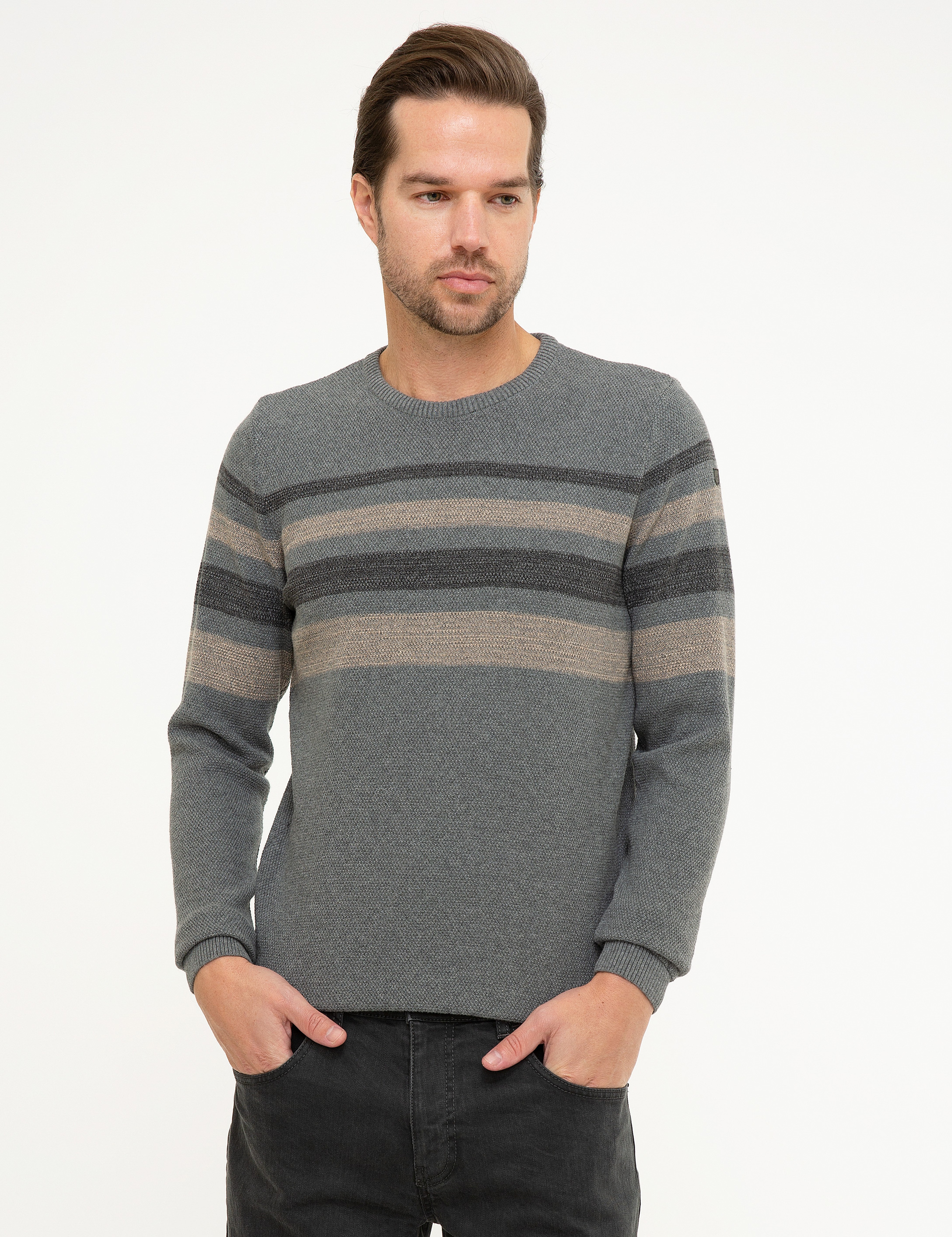 Gri Melanj Slim Fit Triko Kazak - Image 1