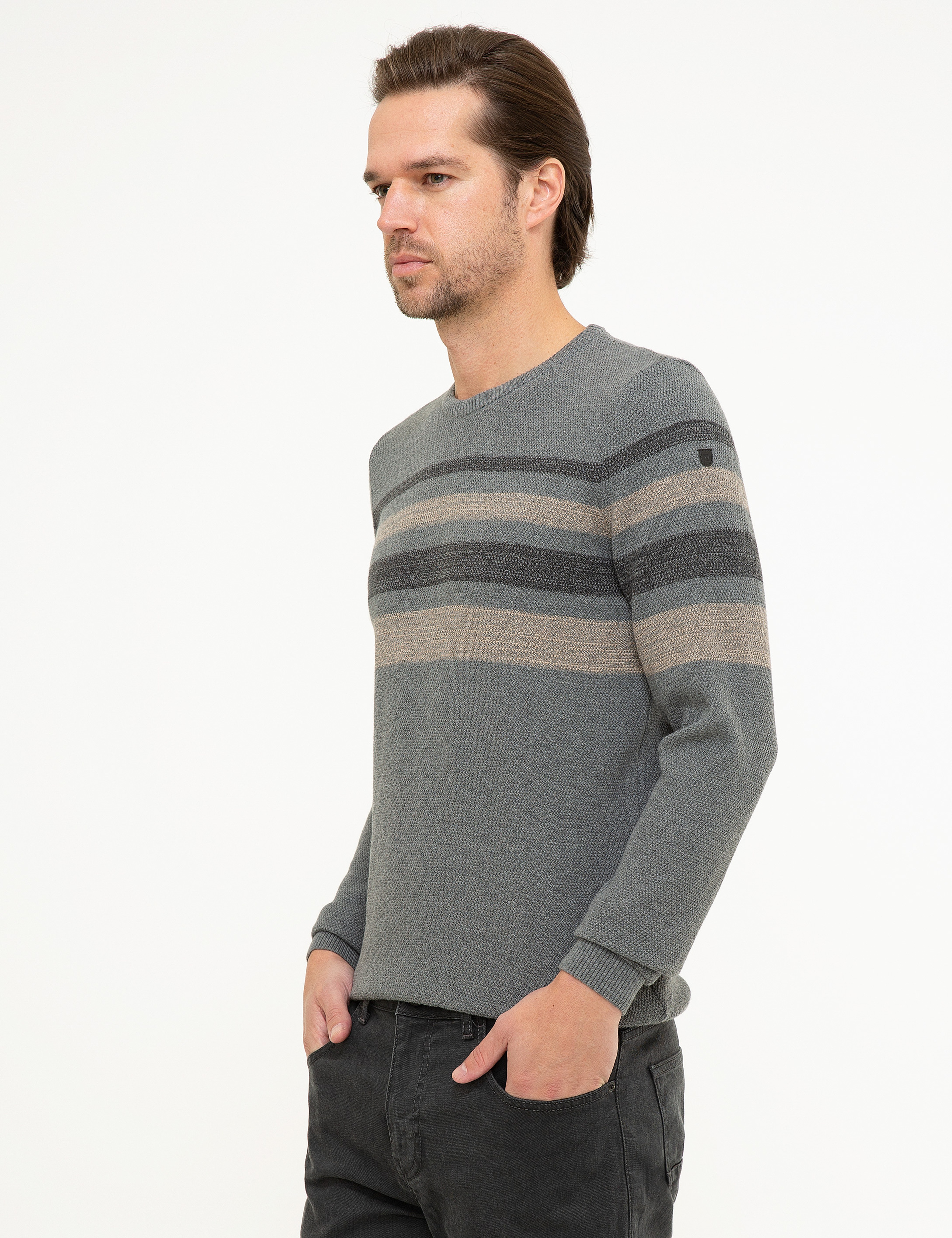 Gri Melanj Slim Fit Triko Kazak - Image 3