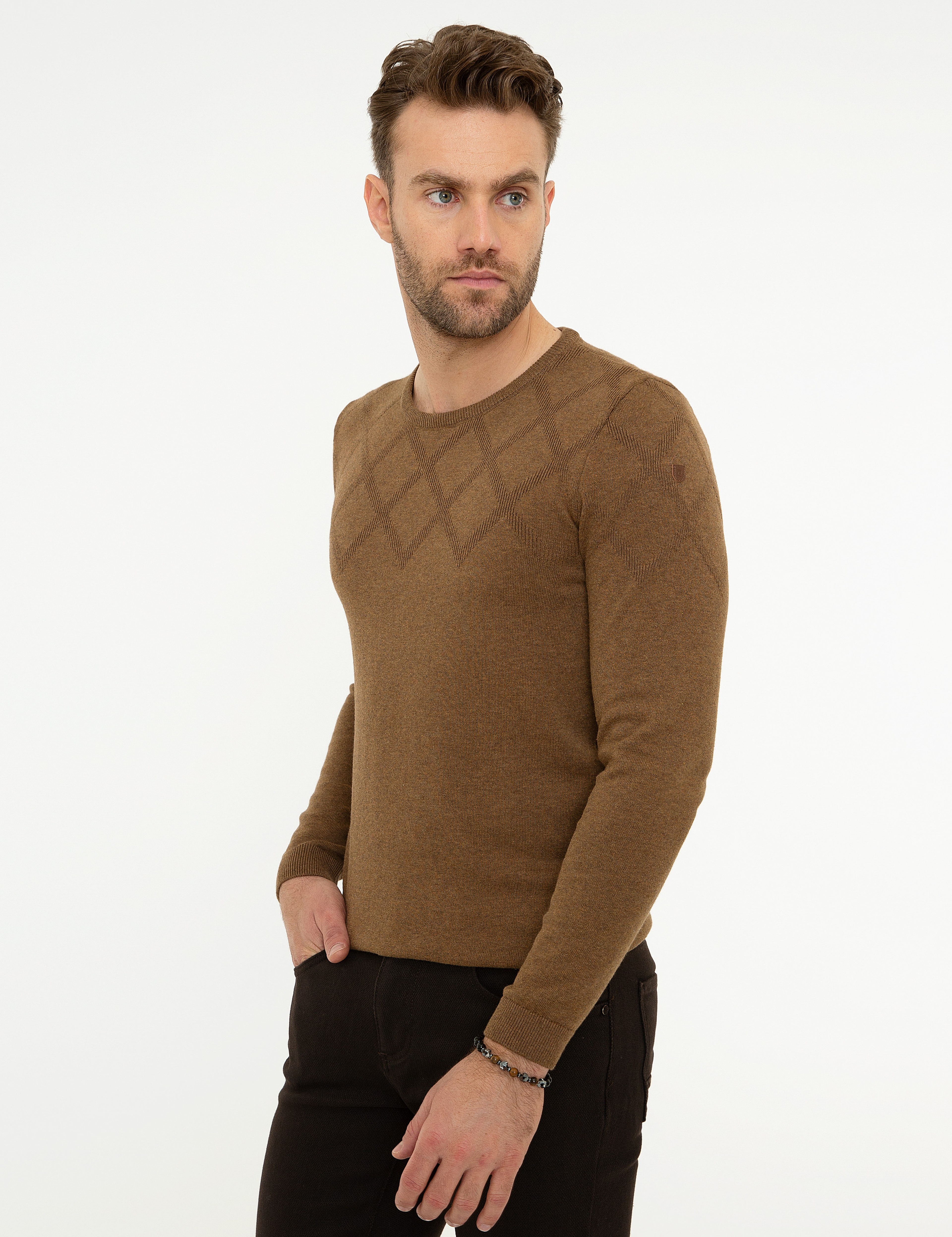 Açık Kahverengi Slim Fit Triko Kazak - Image 3