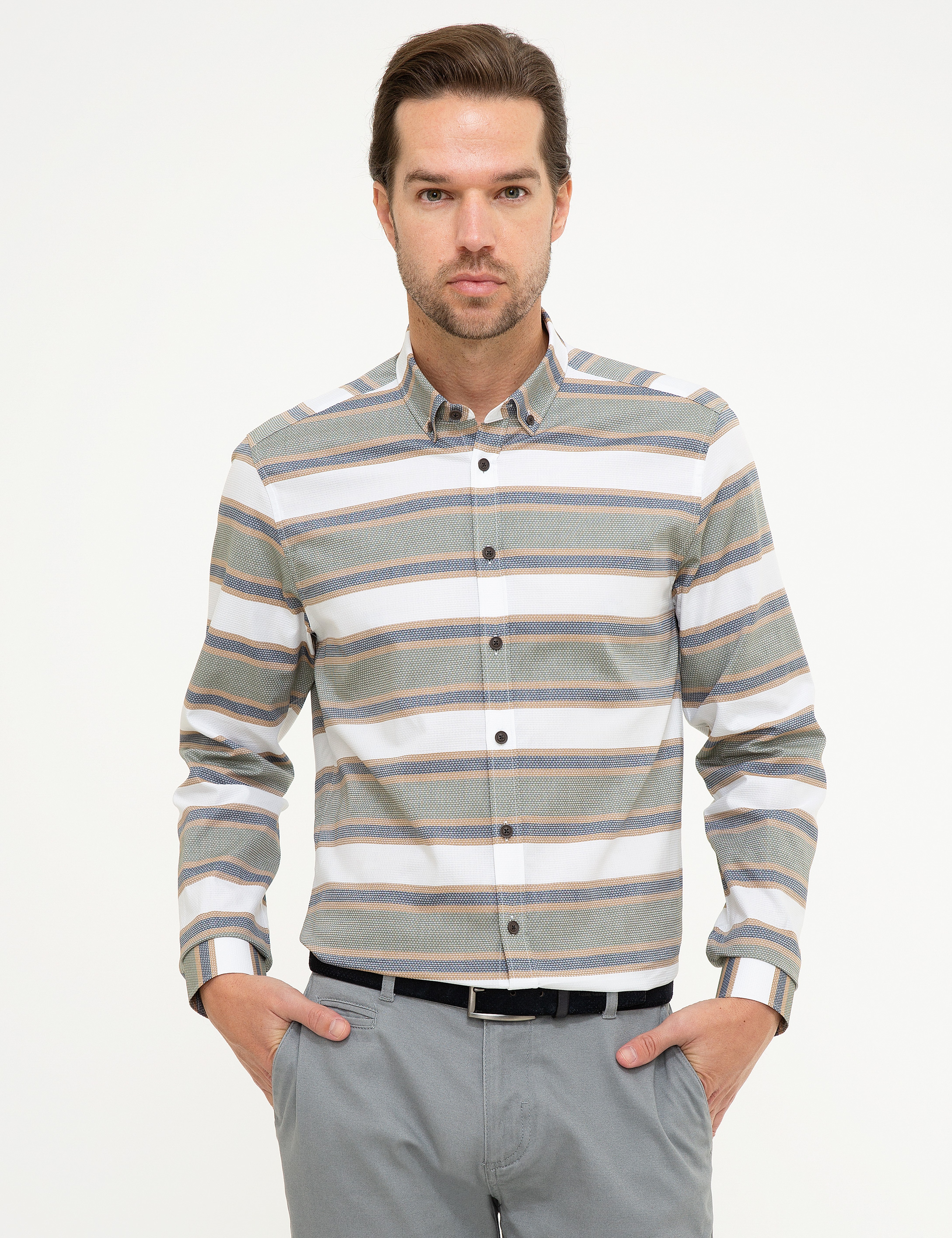 Yeşil Detaylı Slim Fit Gömlek