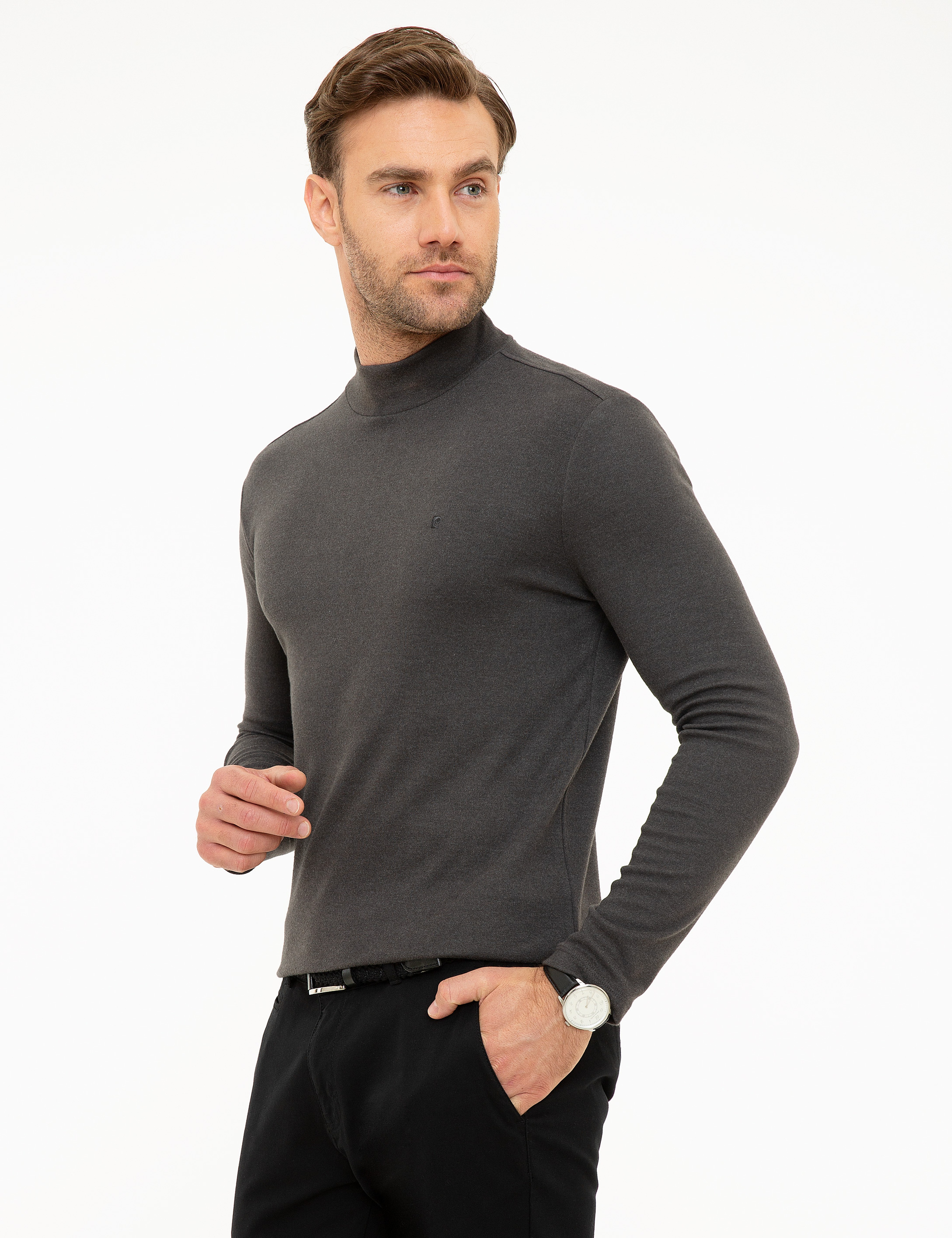 Antrasit Melanj Slim Fit Yarım Balıkçı Yaka Sweatshirt