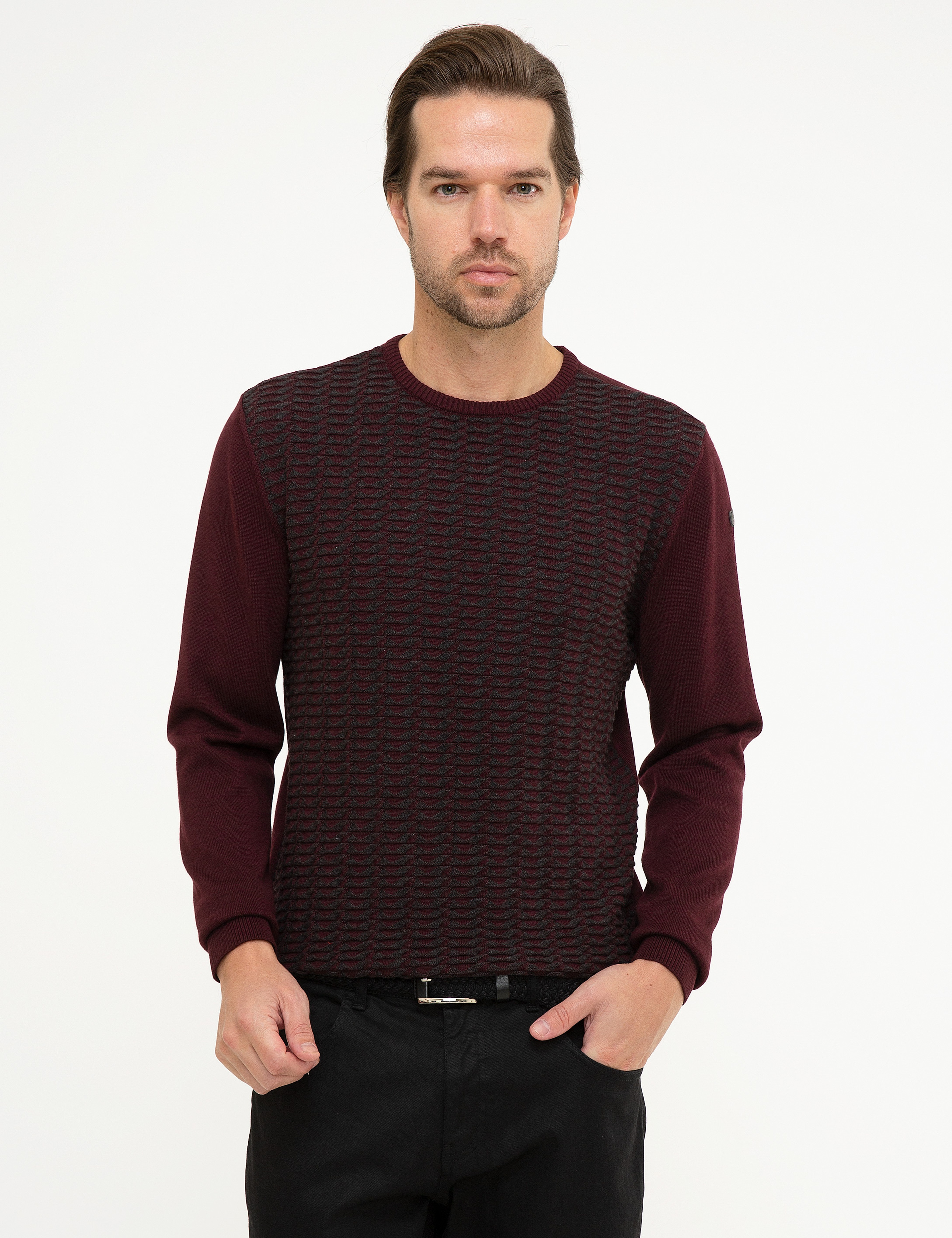 Bordo Slim Fit Bisiklet Yaka Triko Kazak