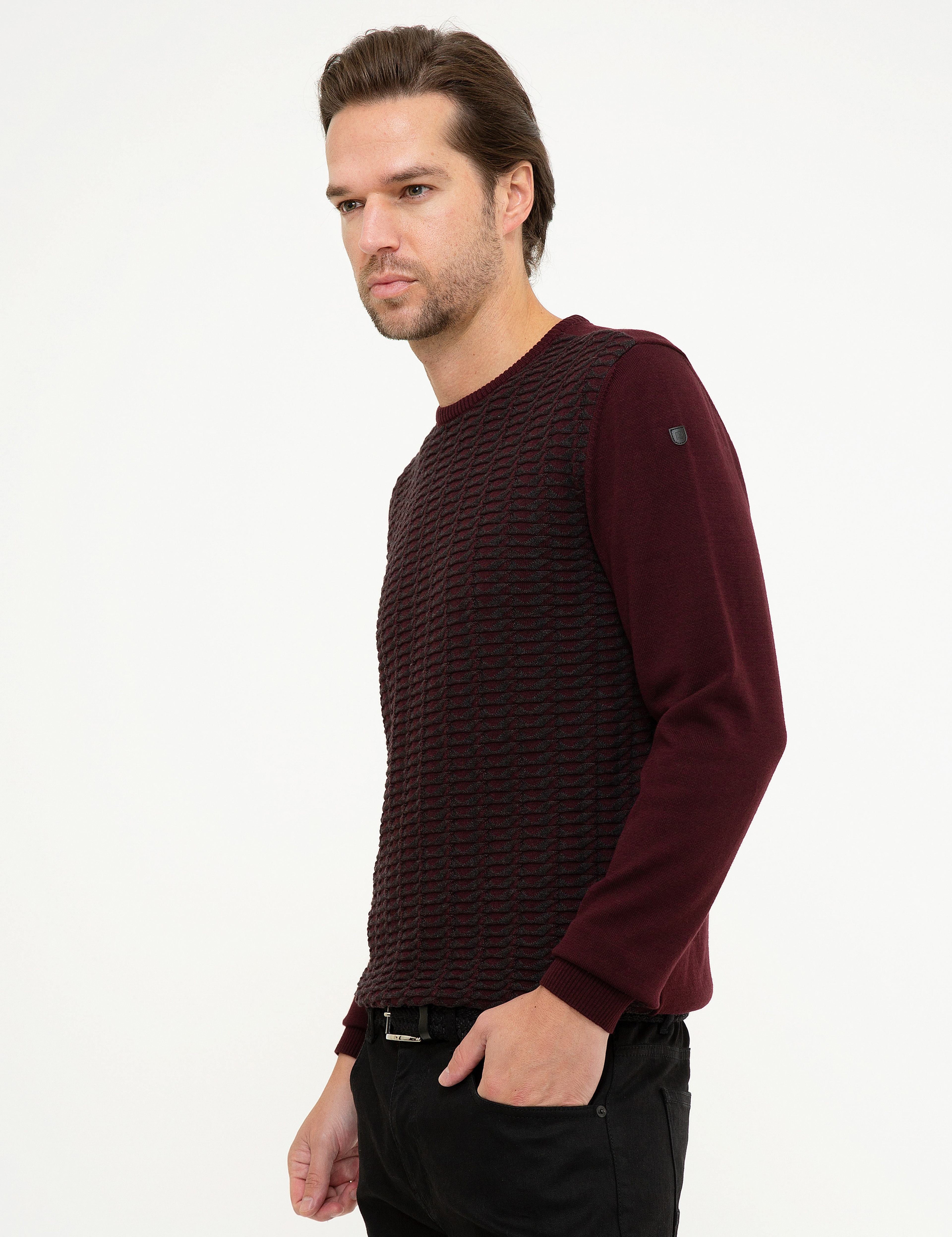 Bordo Slim Fit Bisiklet Yaka Triko Kazak