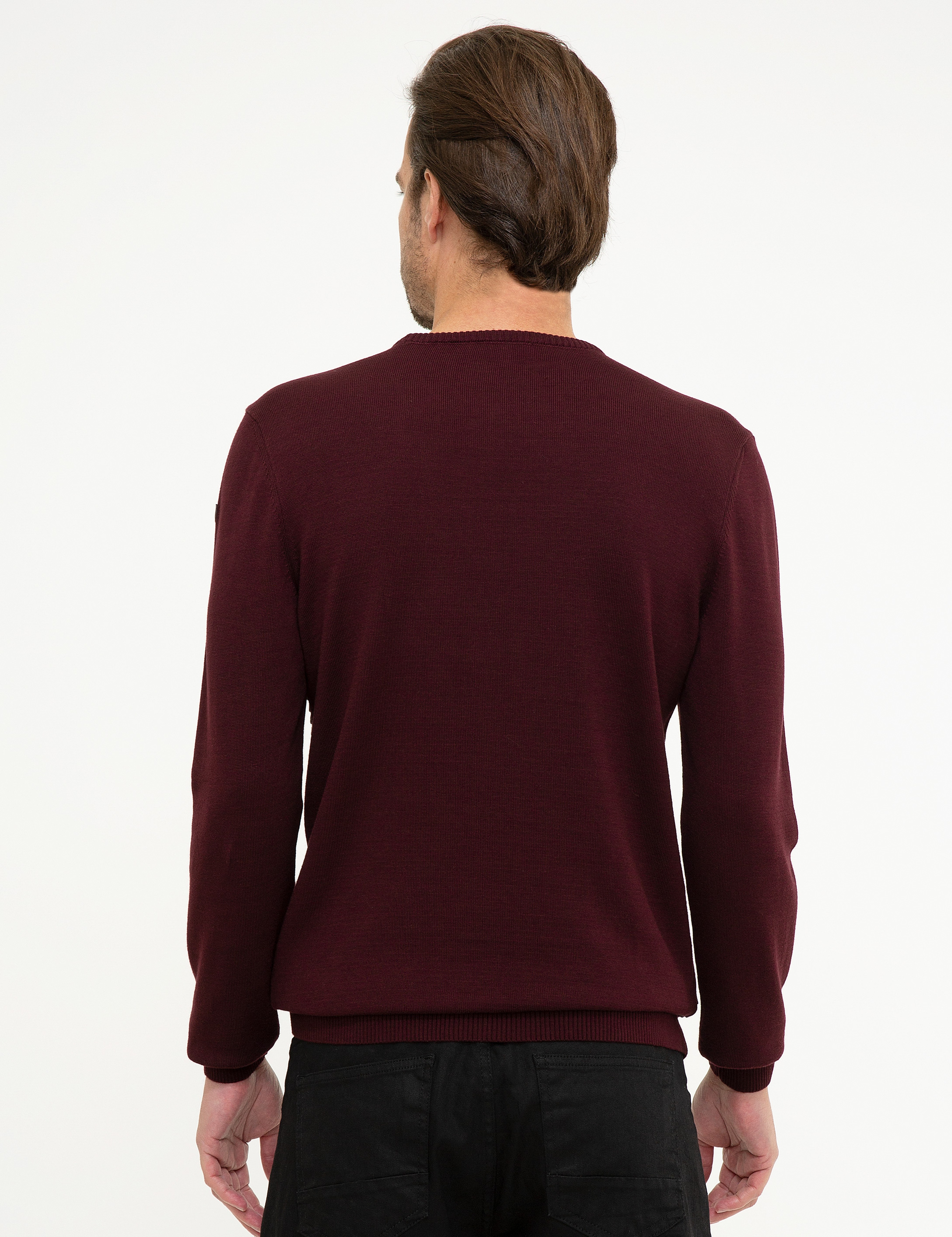 Bordo Slim Fit Bisiklet Yaka Triko Kazak - Image 4