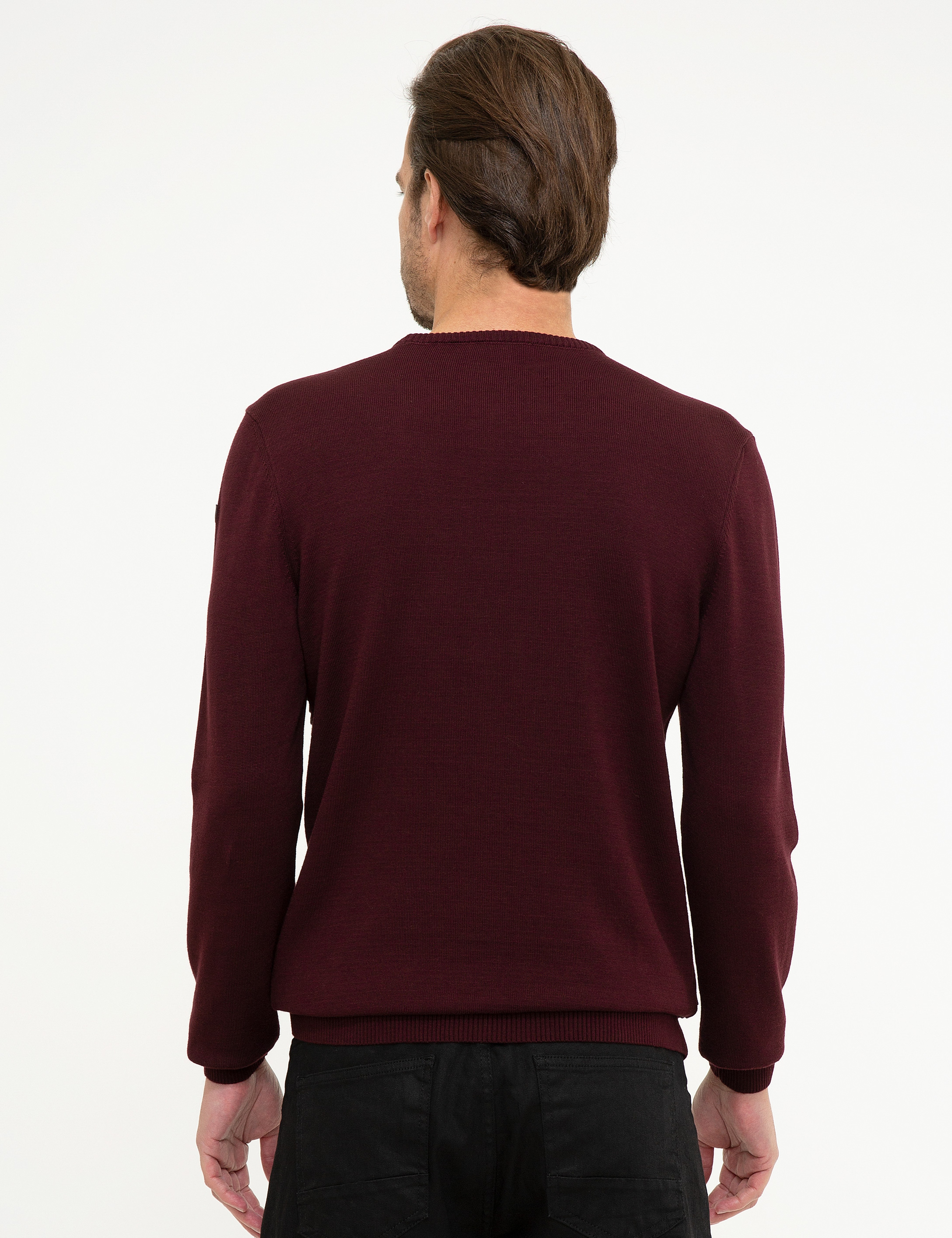 Bordo Slim Fit Bisiklet Yaka Triko Kazak