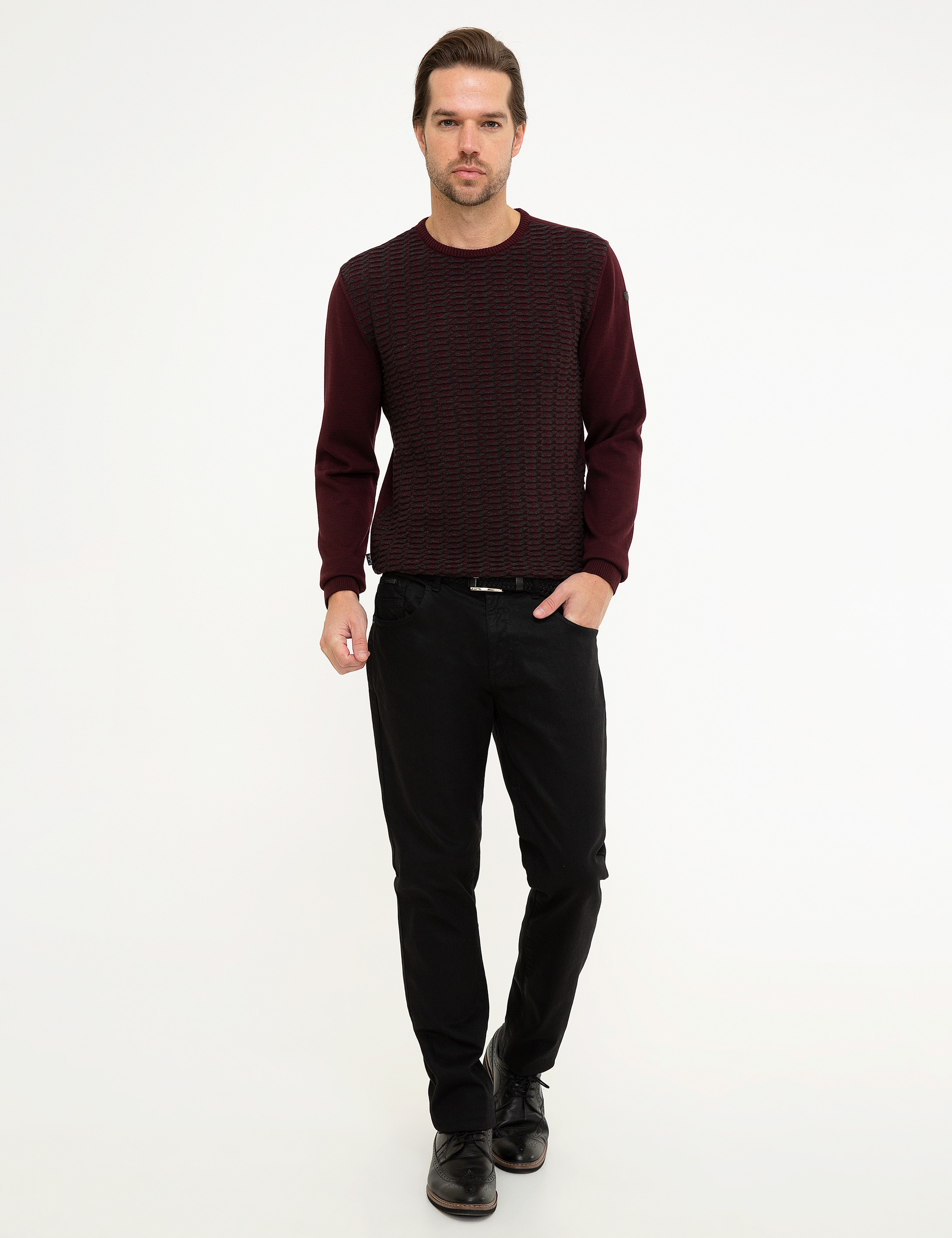 Bordo Slim Fit Bisiklet Yaka Triko Kazak