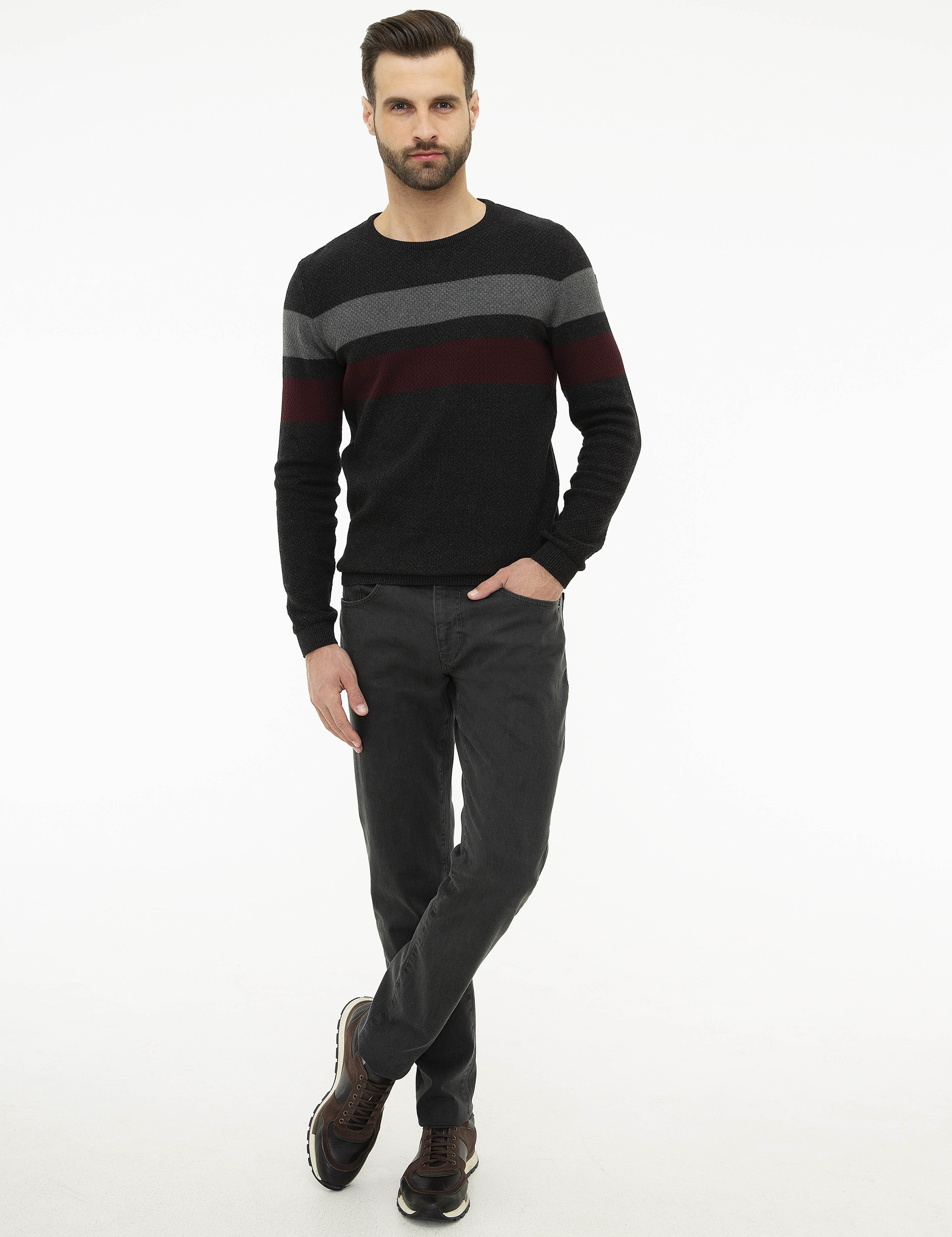 Antrasit Melanj Slim Fit Triko Kazak - Image 5