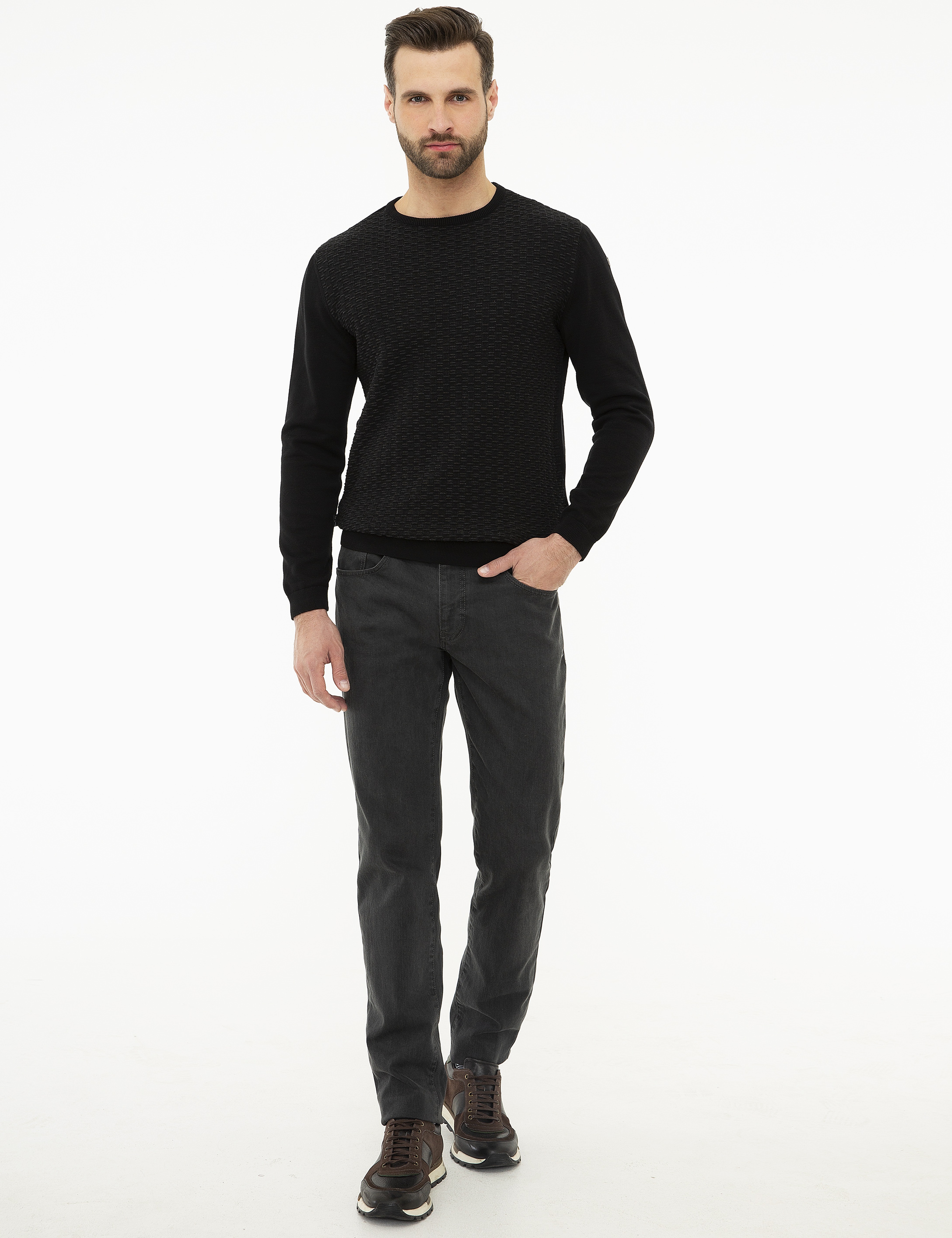 Siyah Slim Fit Triko Kazak - Image 5