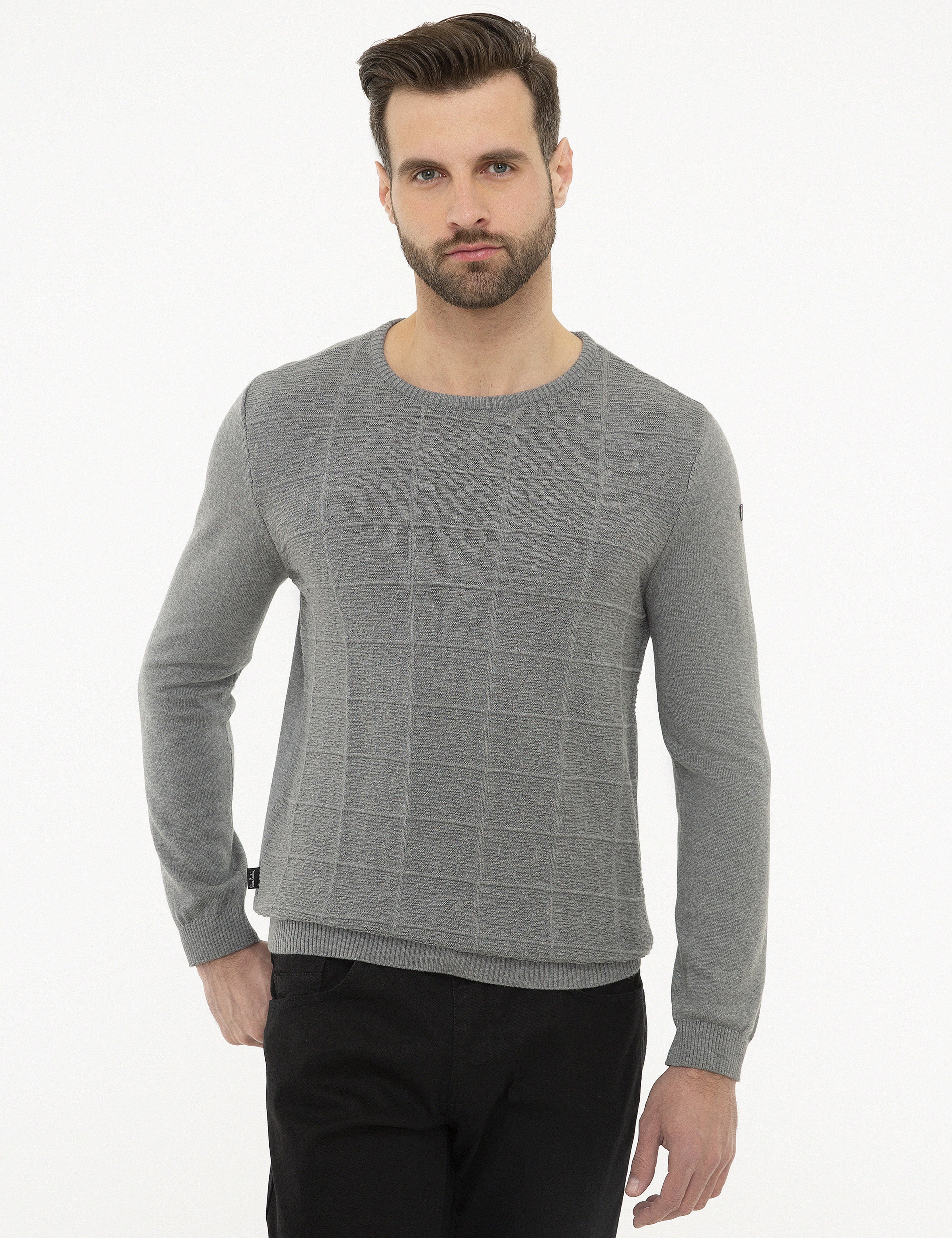 Gri Melanj Slim Fit Triko Kazak - Image 1