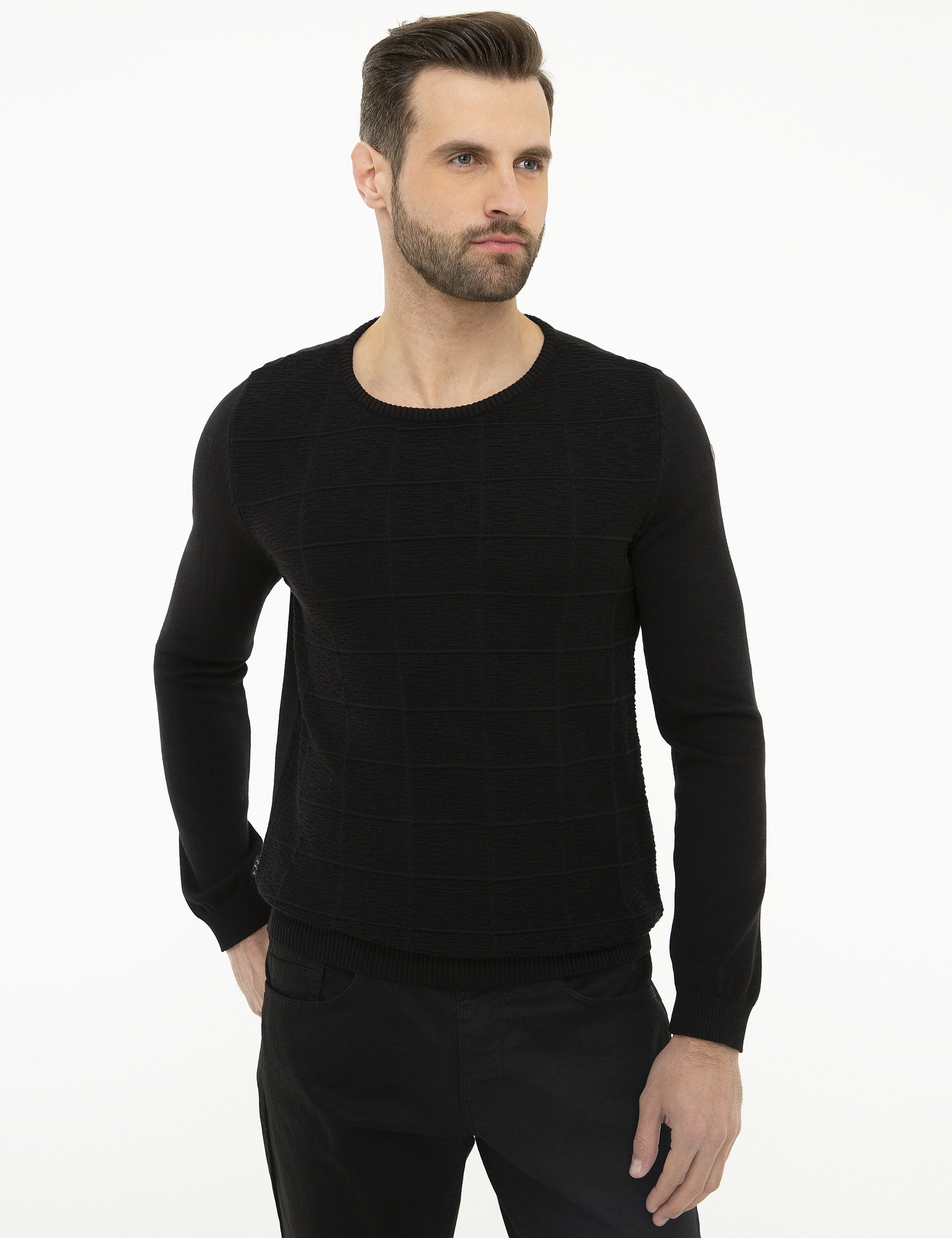 Siyah Slim Fit Bisiklet Yaka Triko Kazak - Image 2
