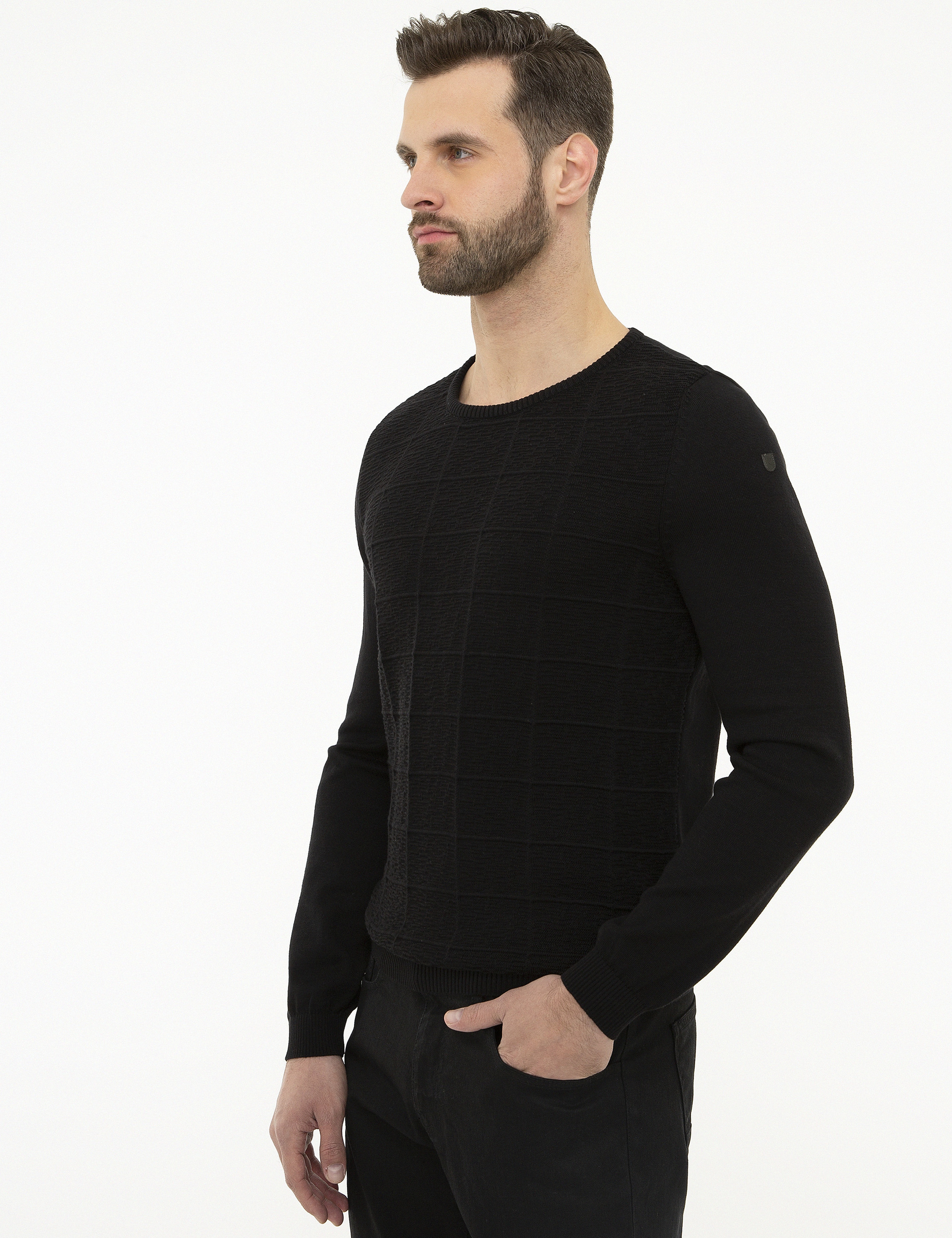 Siyah Slim Fit Bisiklet Yaka Triko Kazak - Image 3