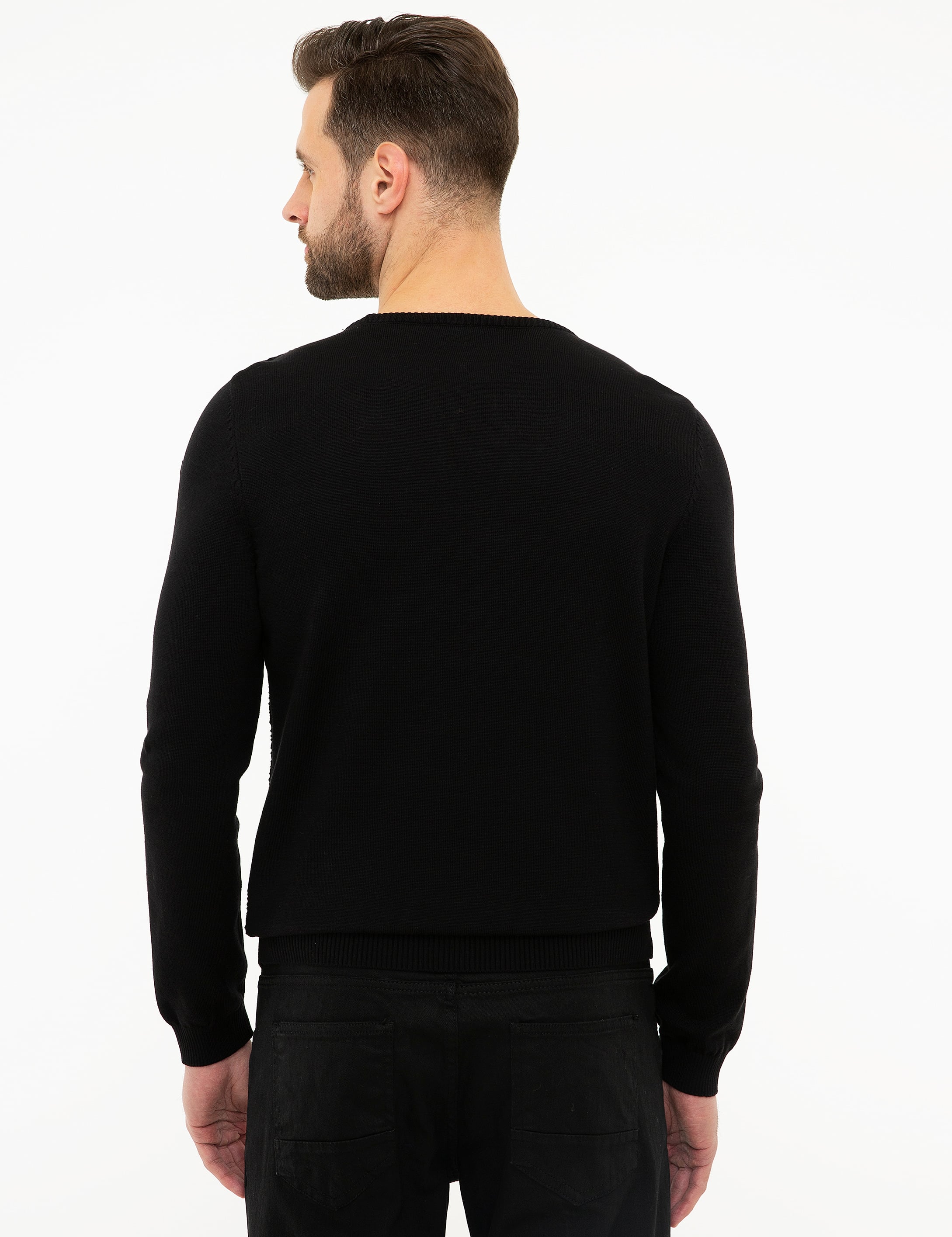 Siyah Slim Fit Bisiklet Yaka Triko Kazak