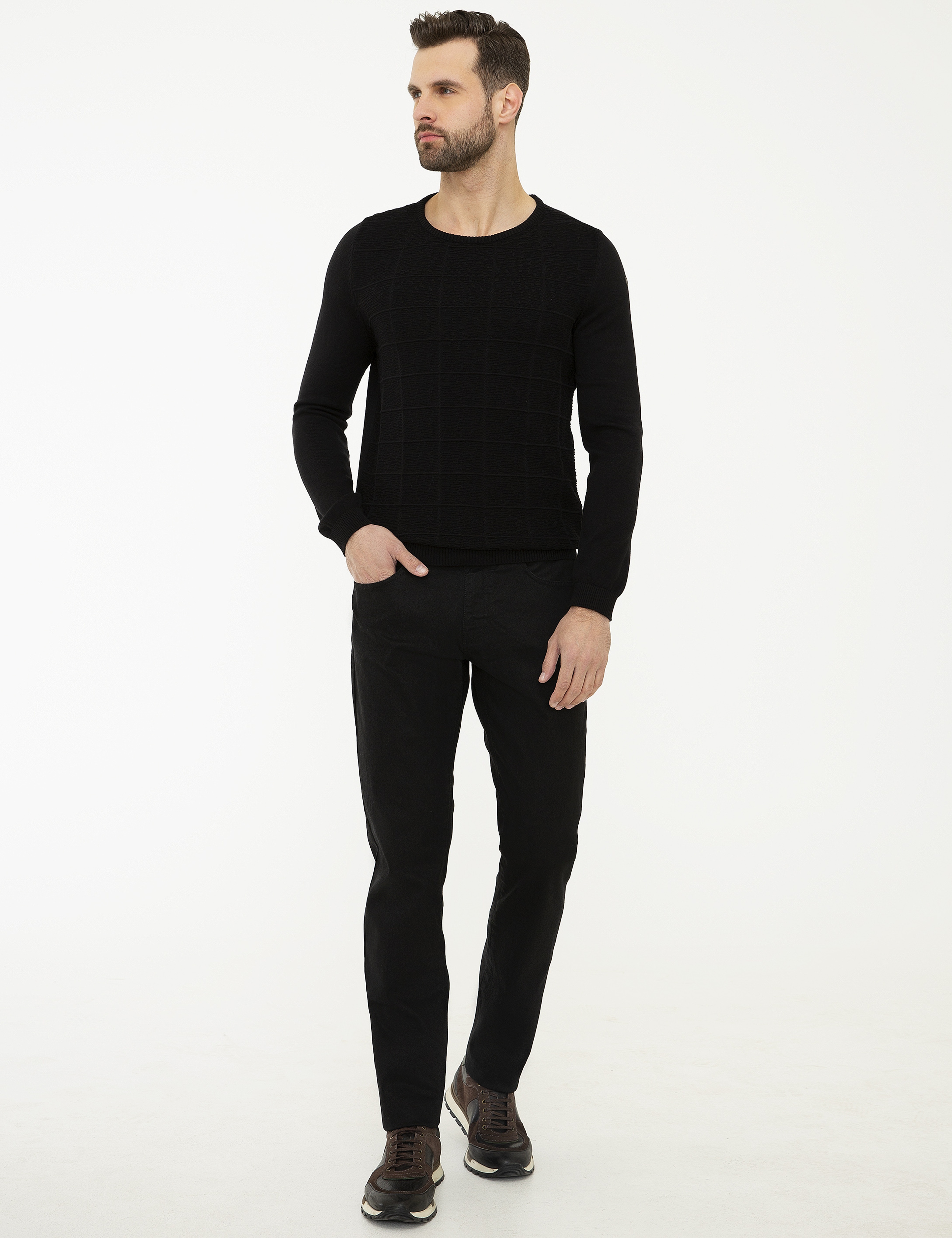 Siyah Slim Fit Bisiklet Yaka Triko Kazak - Image 5