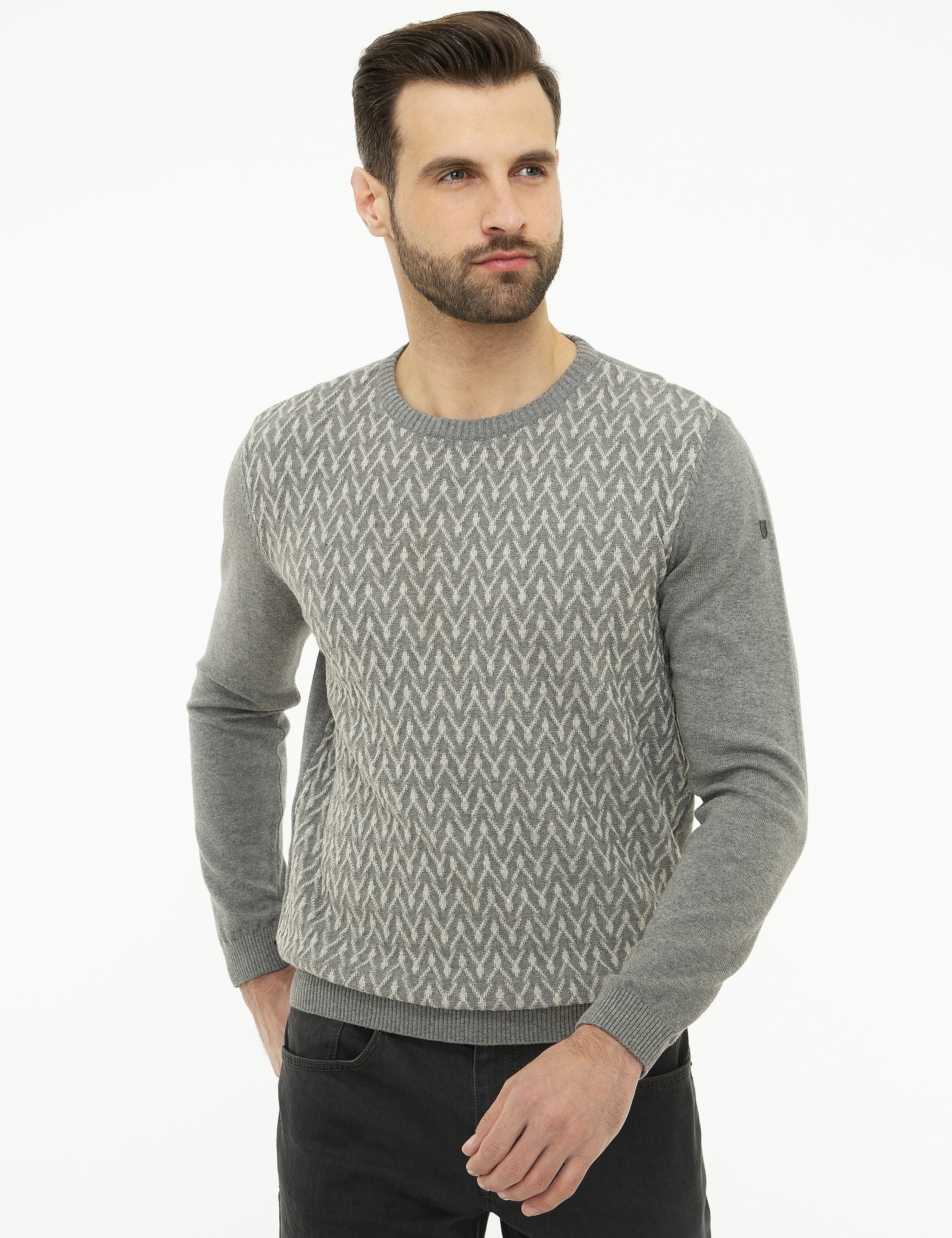 Gri Melanj Slim Fit Triko Kazak - Image 1