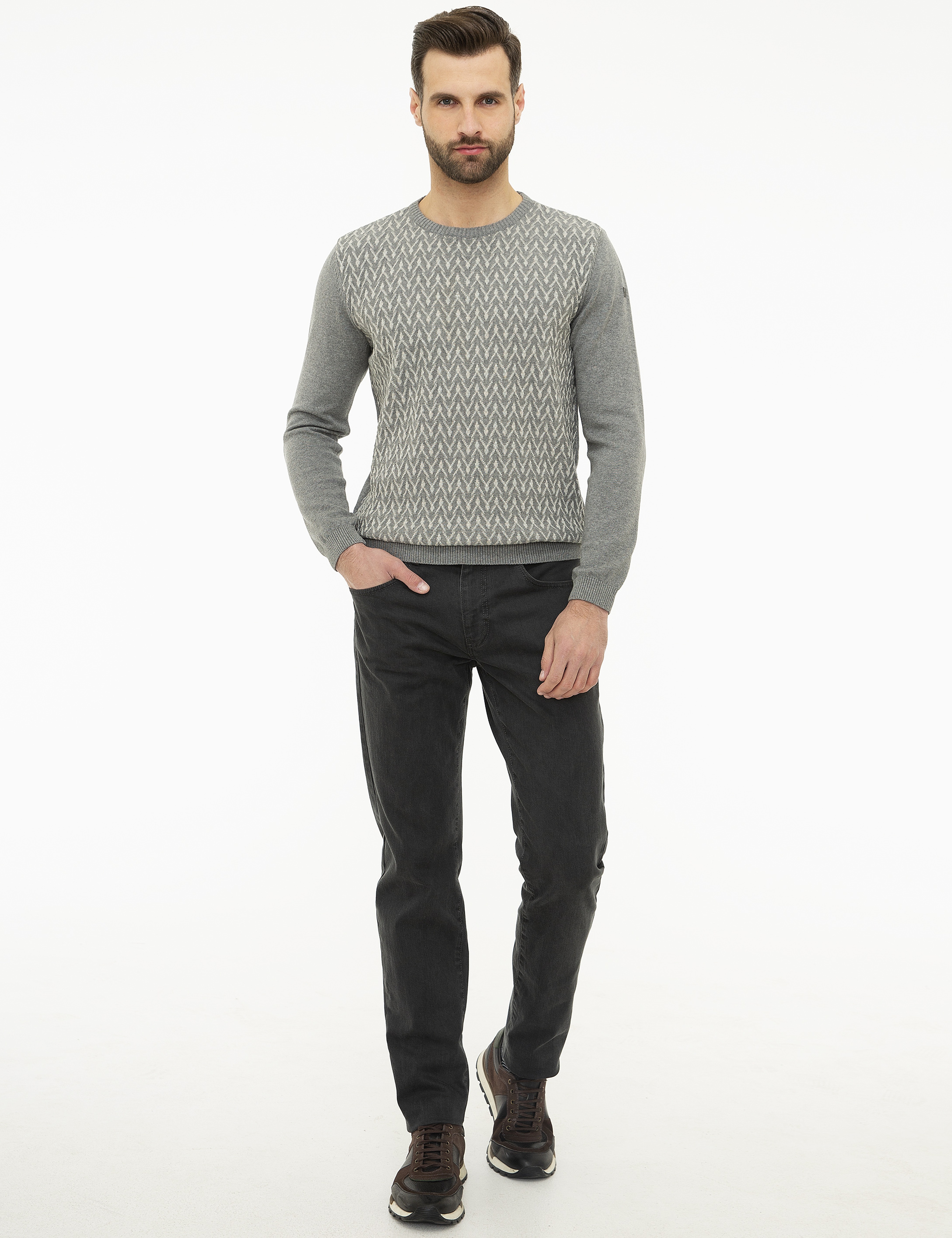 Gri Melanj Slim Fit Triko Kazak - Image 5