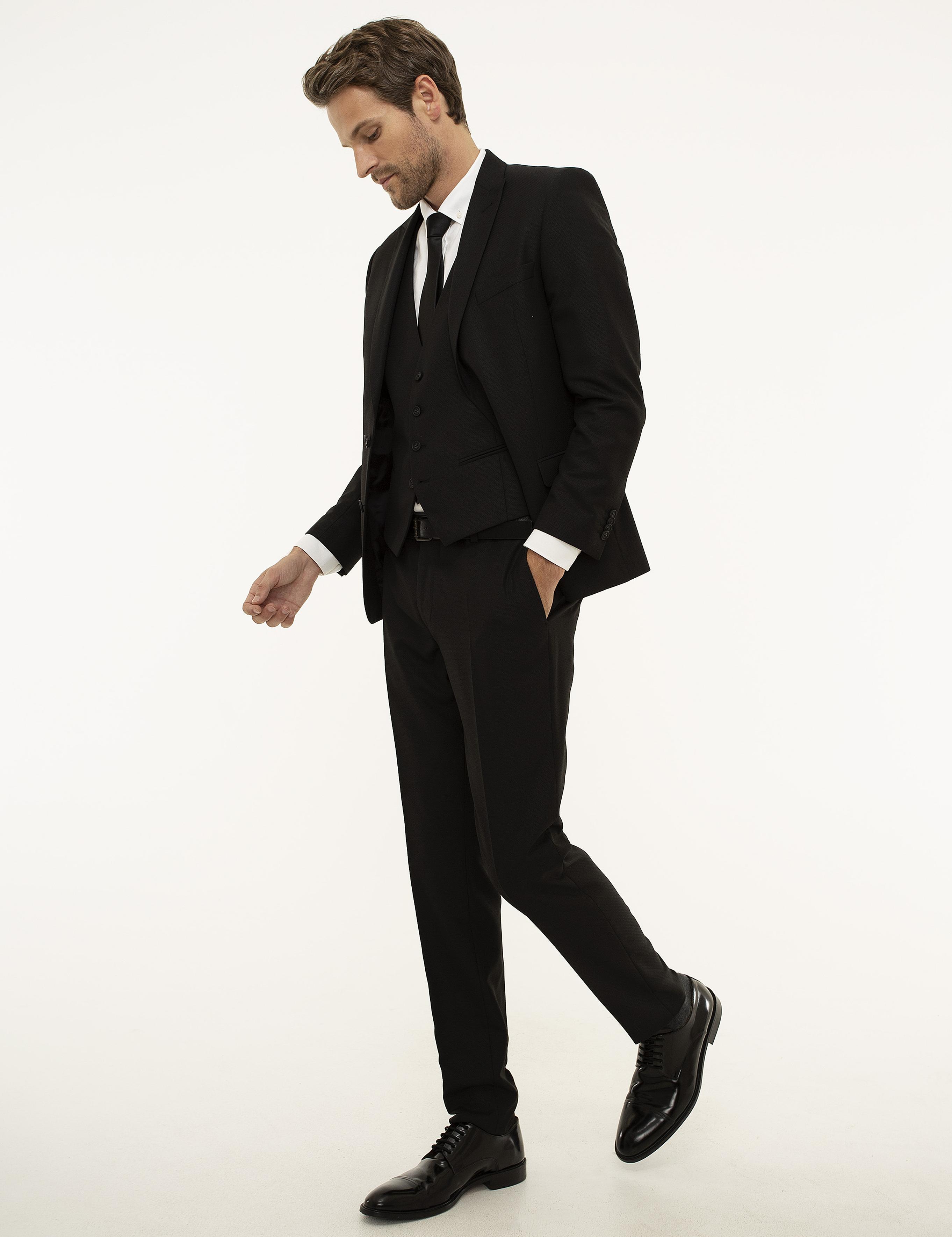 Siyah Ekstra Slim Fit Yelekli Takım Elbise