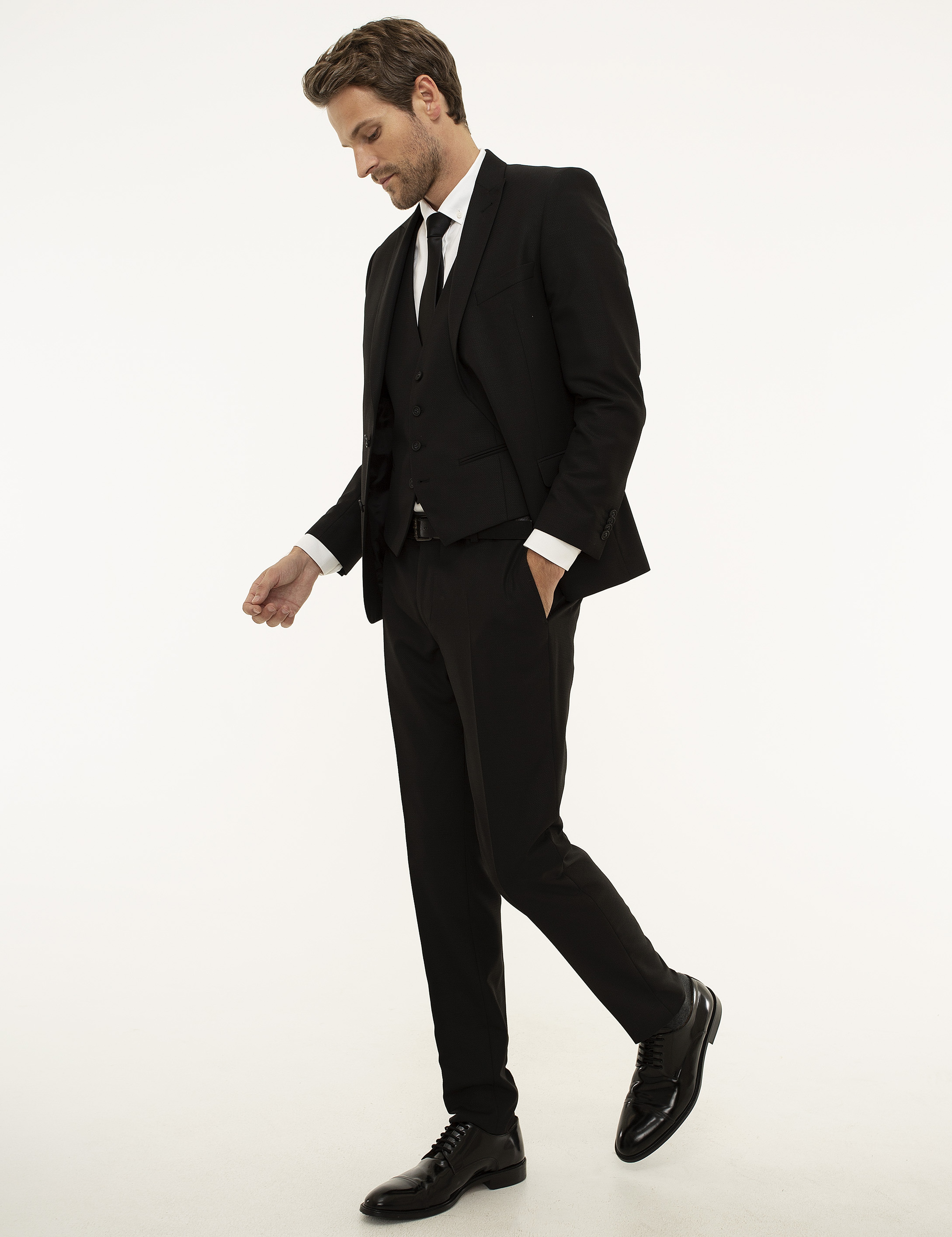 Siyah Ekstra Slim Fit Yelekli Takım Elbise - Image 3
